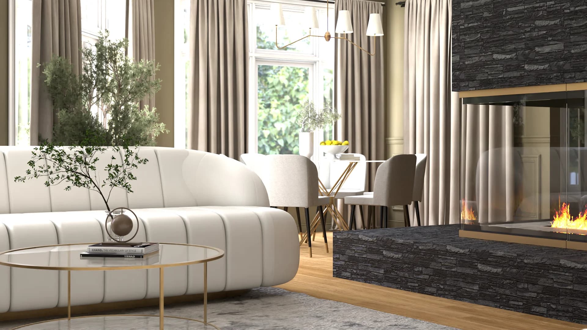 Curved sofa with dining area visible behind through stone fireplace