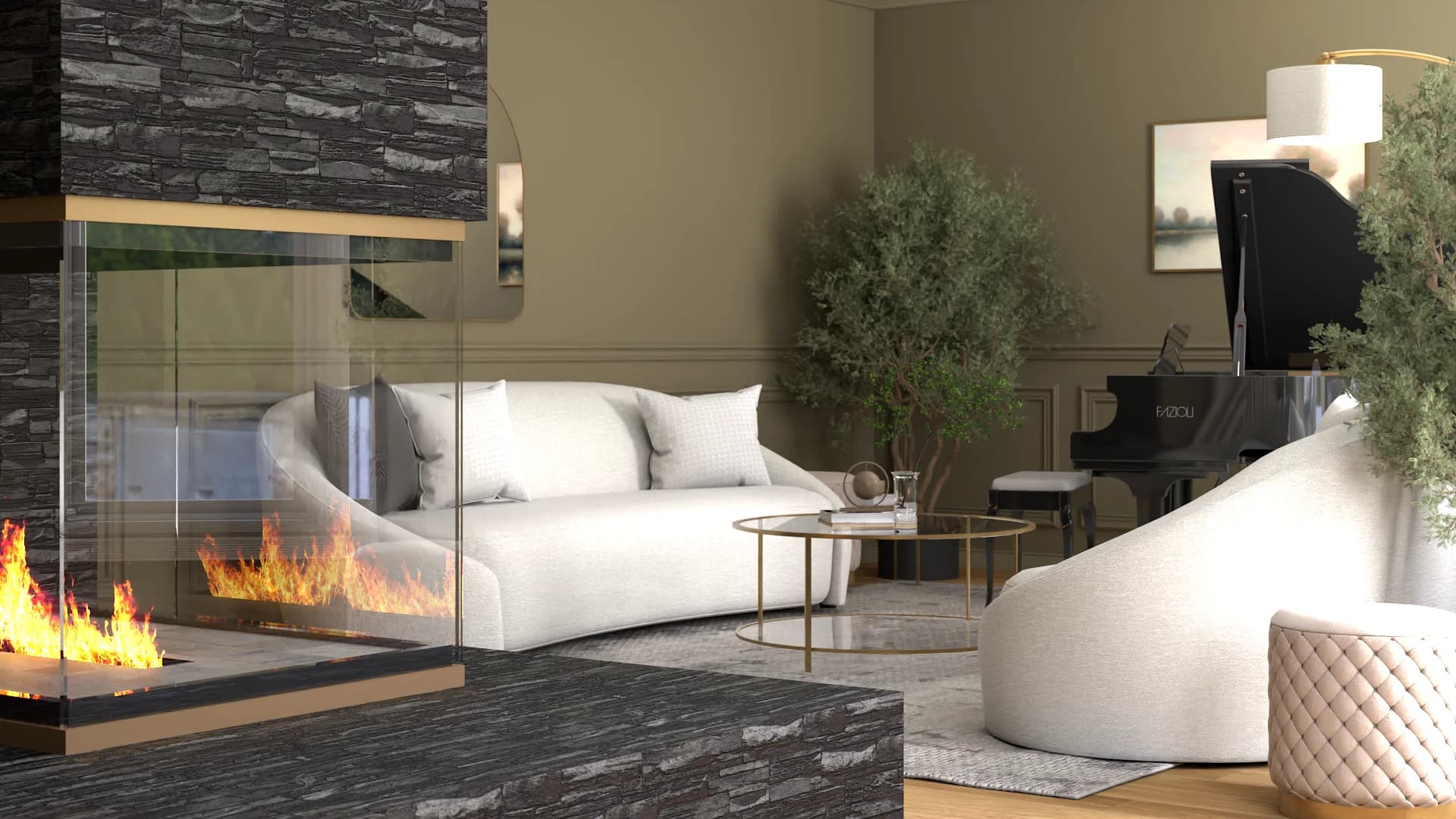 Channel-tufted sofa close-up beside the black stacked stone fireplace