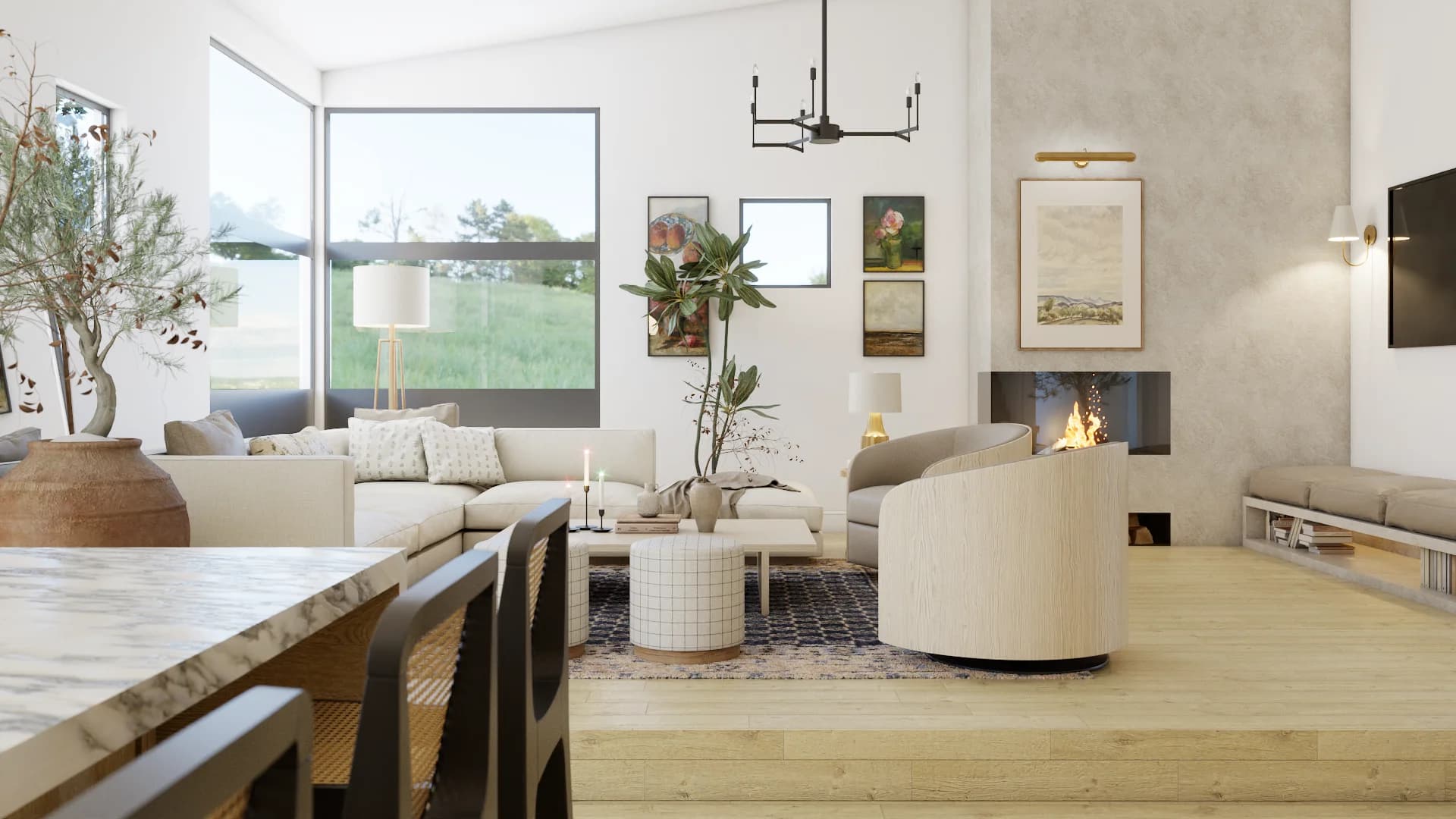 Open-plan living room with cream curved chair, linear fireplace, gallery wall, and large garden window