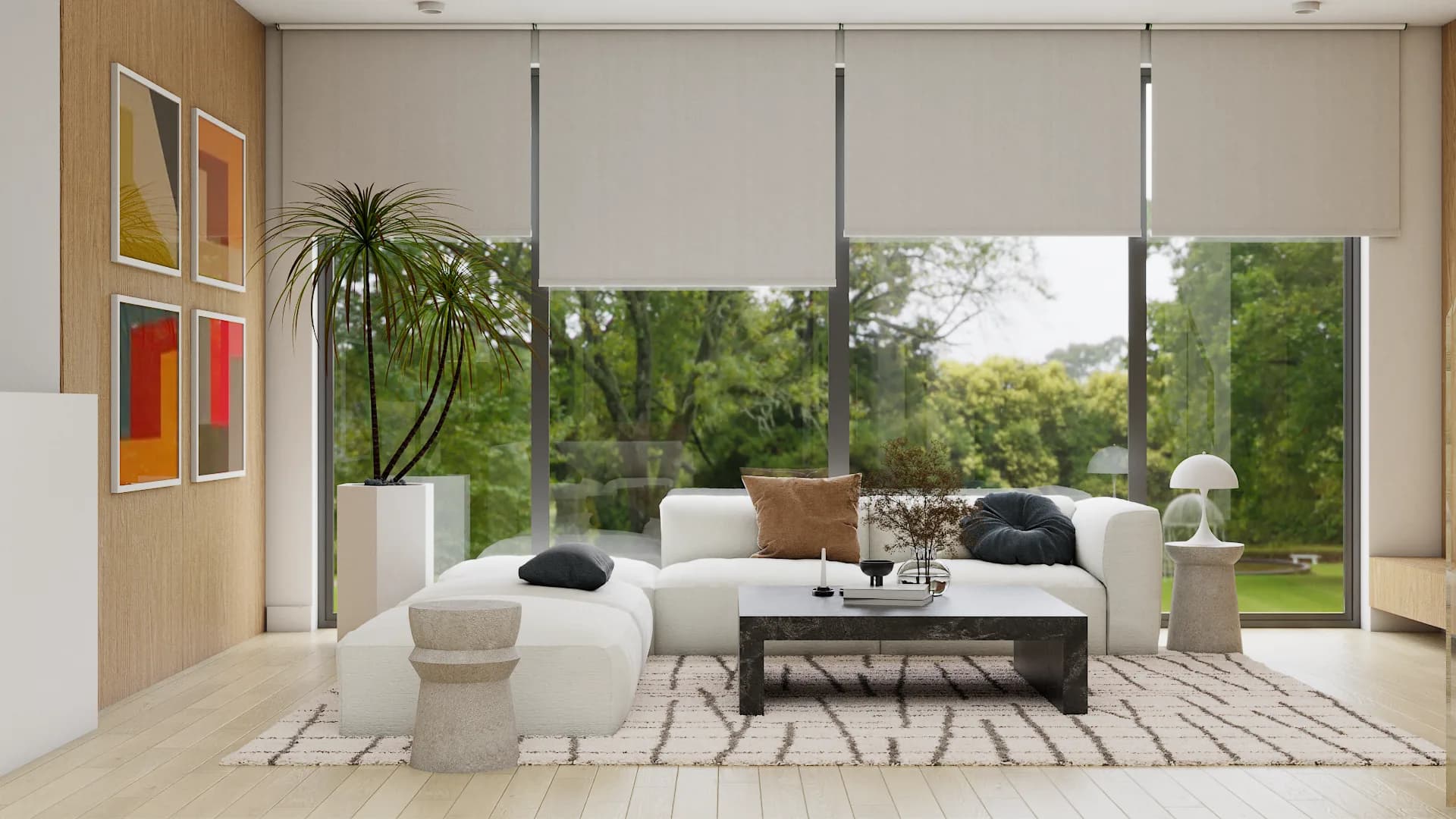 Cream modular sectional facing floor-to-ceiling garden windows with oak panel wall and colorful geometric art prints