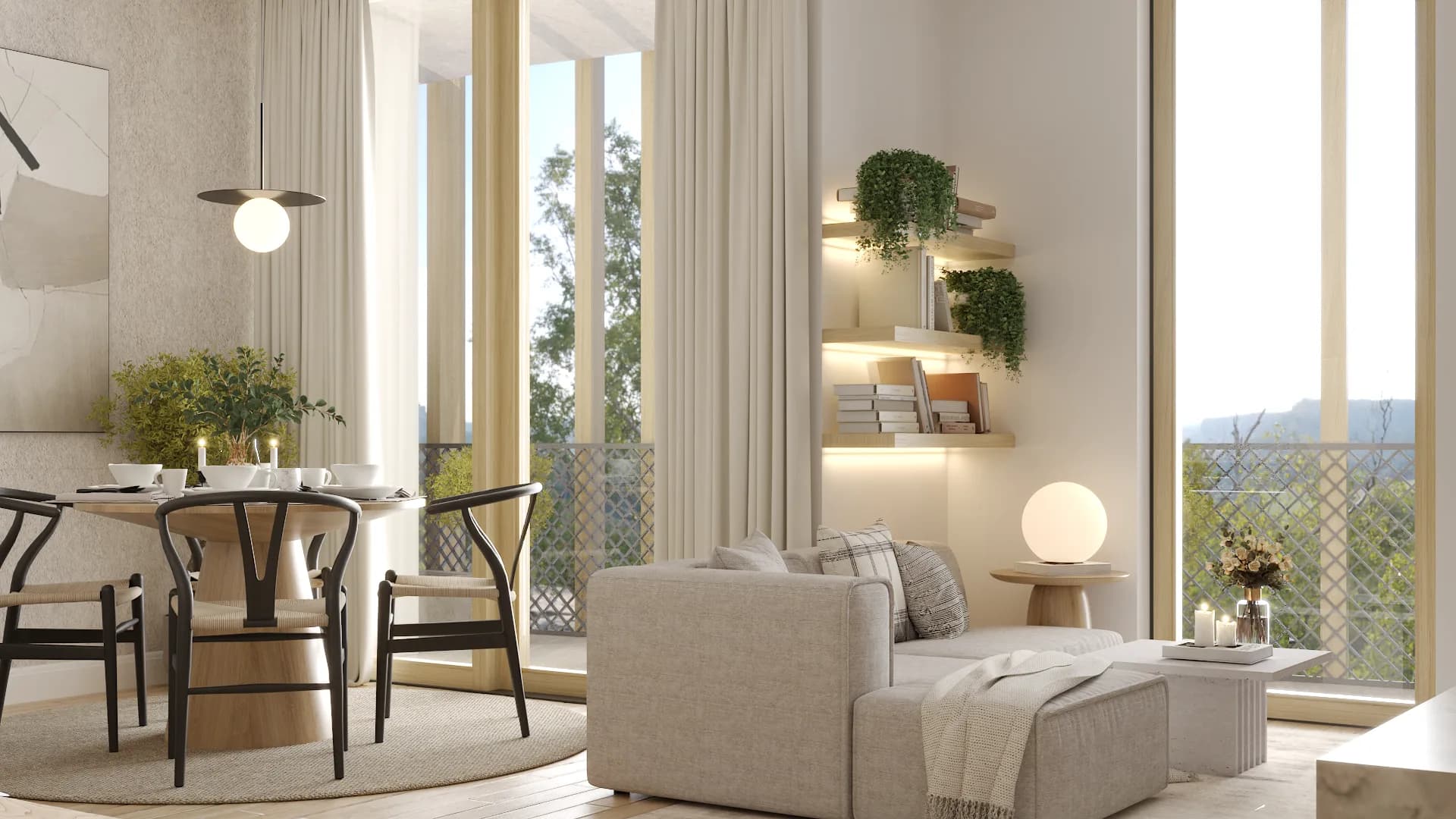 Scandinavian open-plan loft with cream sofa, brass globe pendant over round dining table, wishbone chairs, floating plant shelves, and floor-to-ceiling windows