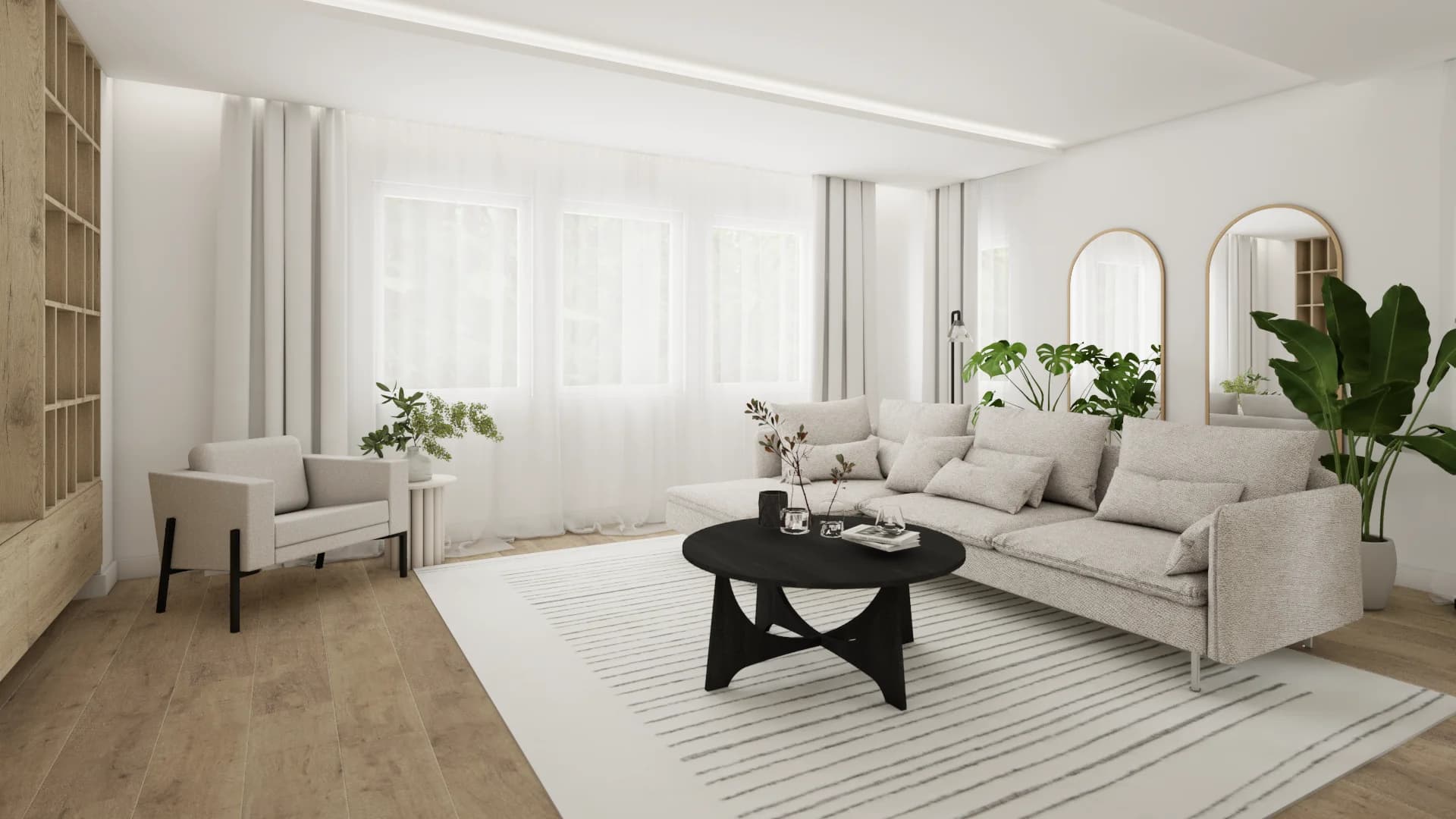 Gray sofa with twin arch mirrors, black round coffee table, striped rug, and monstera plants