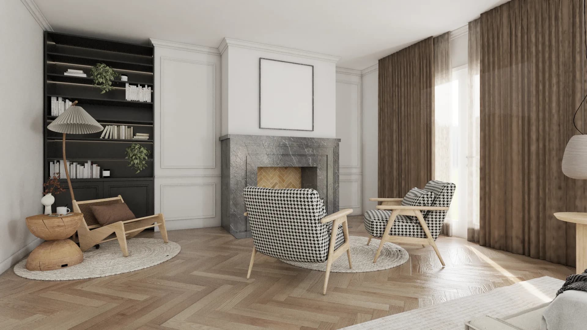 Houndstooth armchairs flanking gray marble fireplace with dark built-in bookcase, herringbone oak floor, and linen drapes