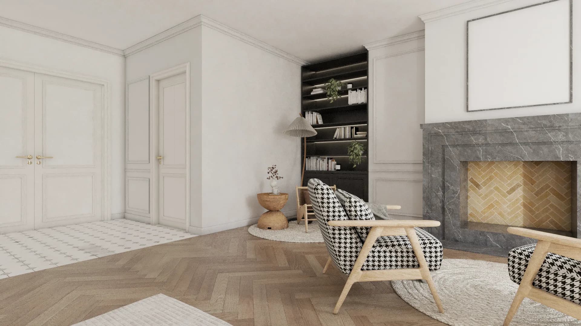 Wide view showing paneled walls, herringbone floor, fireplace, and dark bookcase in transitional sitting room