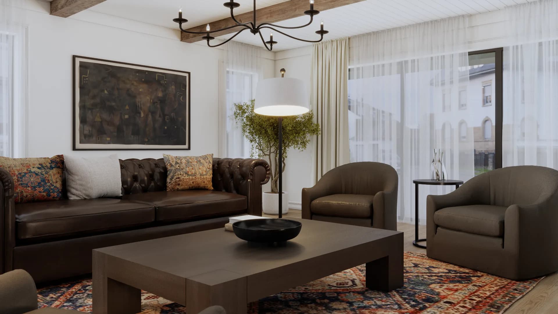 Right-side view of leather club chairs, dark wood coffee table, olive tree, and sheer curtains