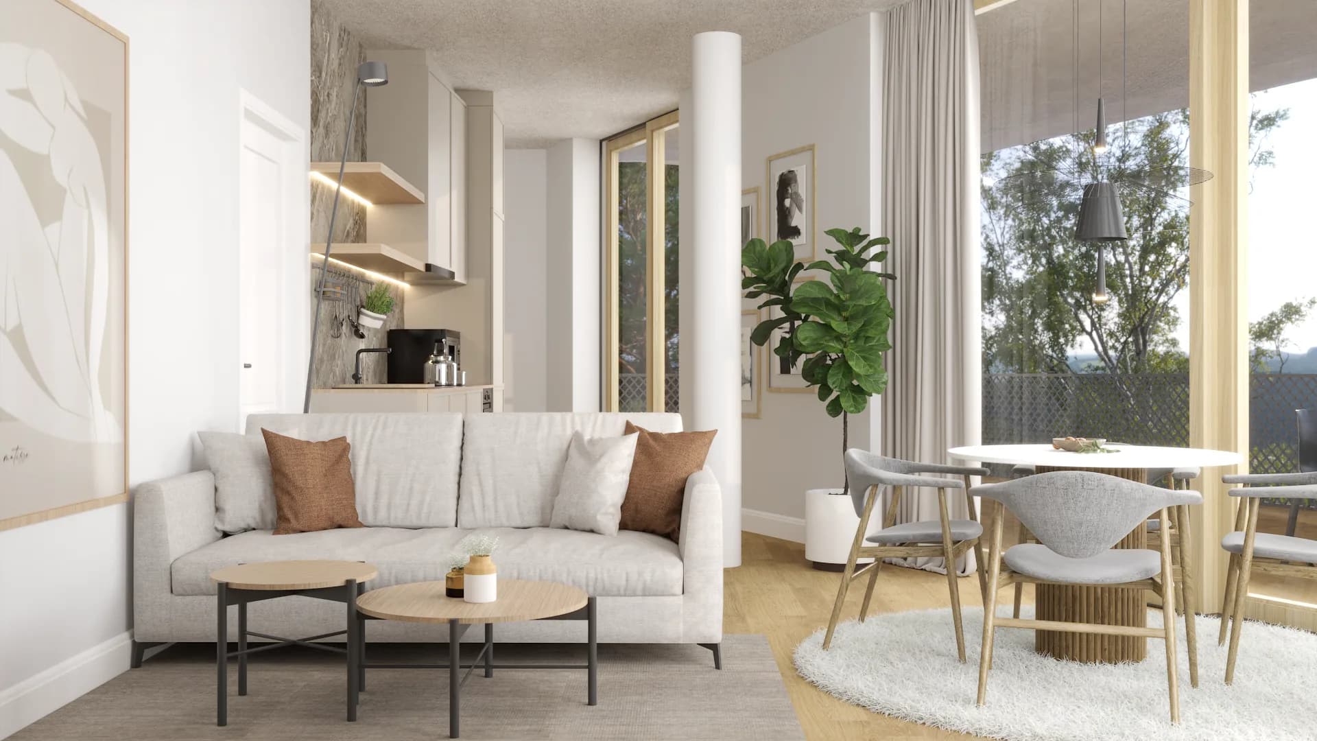 Scandinavian open-plan loft with ivory linen sofa, terracotta cushions, round oak dining table, wishbone chairs, and floor-to-ceiling windows with tree views