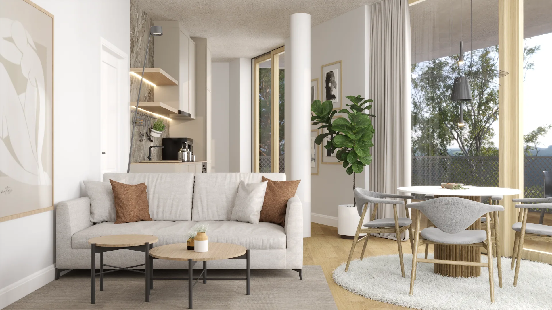 Ivory linen sofa with terracotta cushions in a Scandinavian open plan loft, showing how warm accent pillows bridge a neutral sofa with the rest of the room