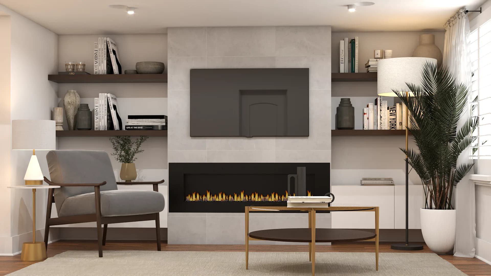 Concrete fireplace with TV, floating walnut shelves, and brass coffee table
