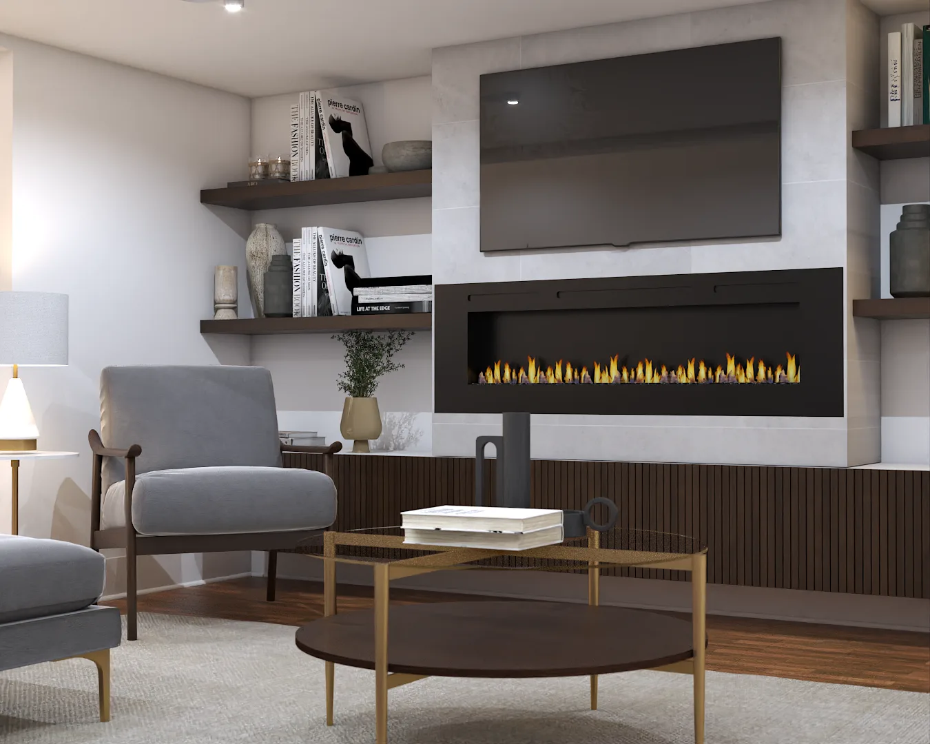 White paneled fireplace with gray sofas and dining area visible beyond