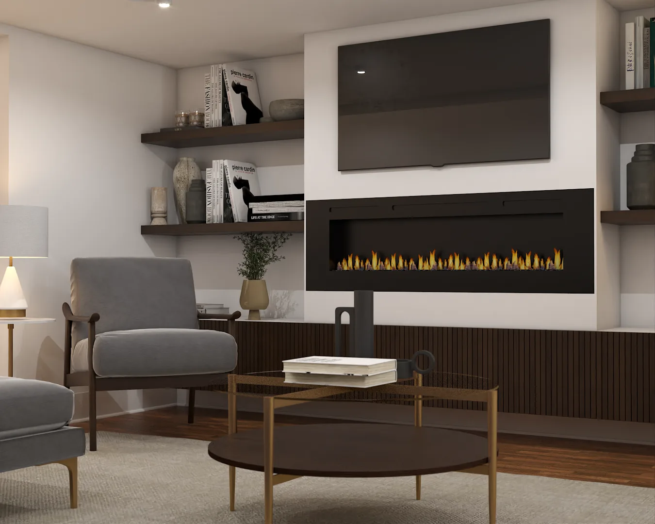 Open-plan living, dining, and kitchen with gray sofas, charcoal accent wall, gold mirror, and iron chandelier