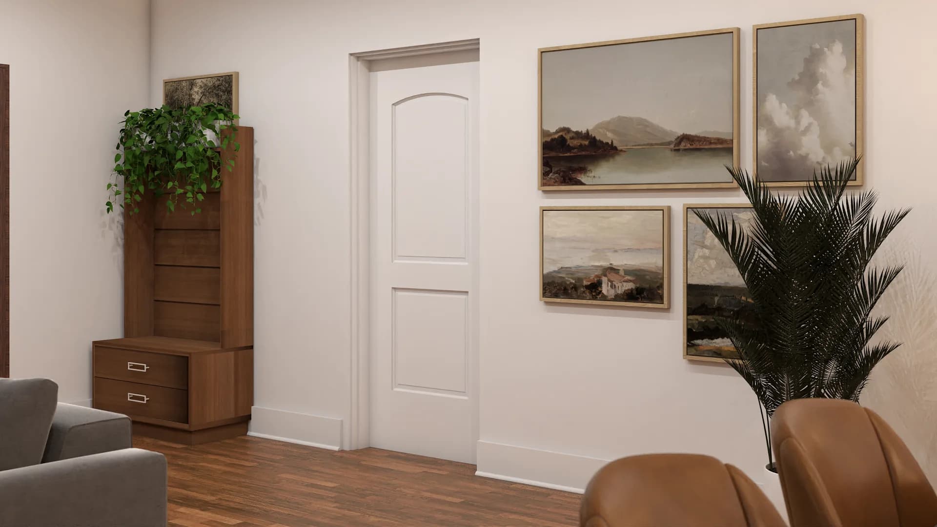 Striped French accent chairs at bay window with sheer drapes and brass sconces