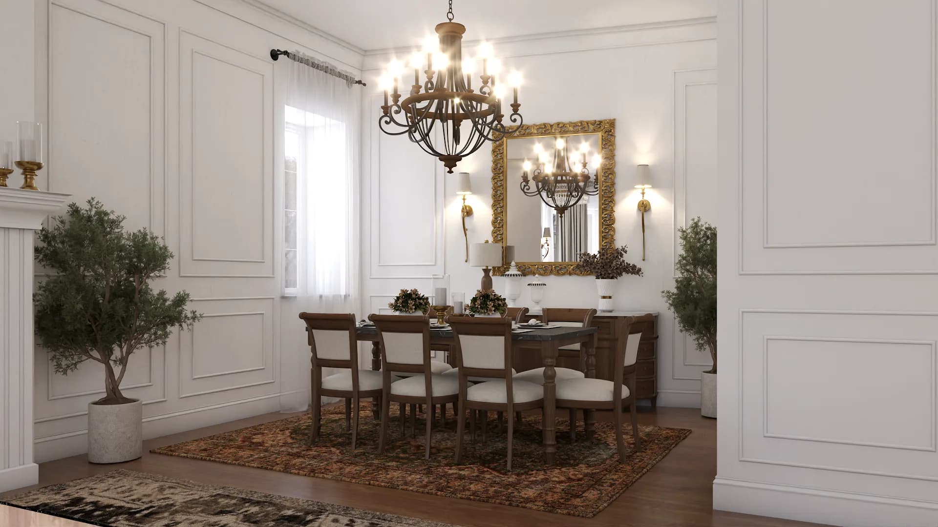 Walnut dining table with iron chandelier and ornate gold mirror on panel wall