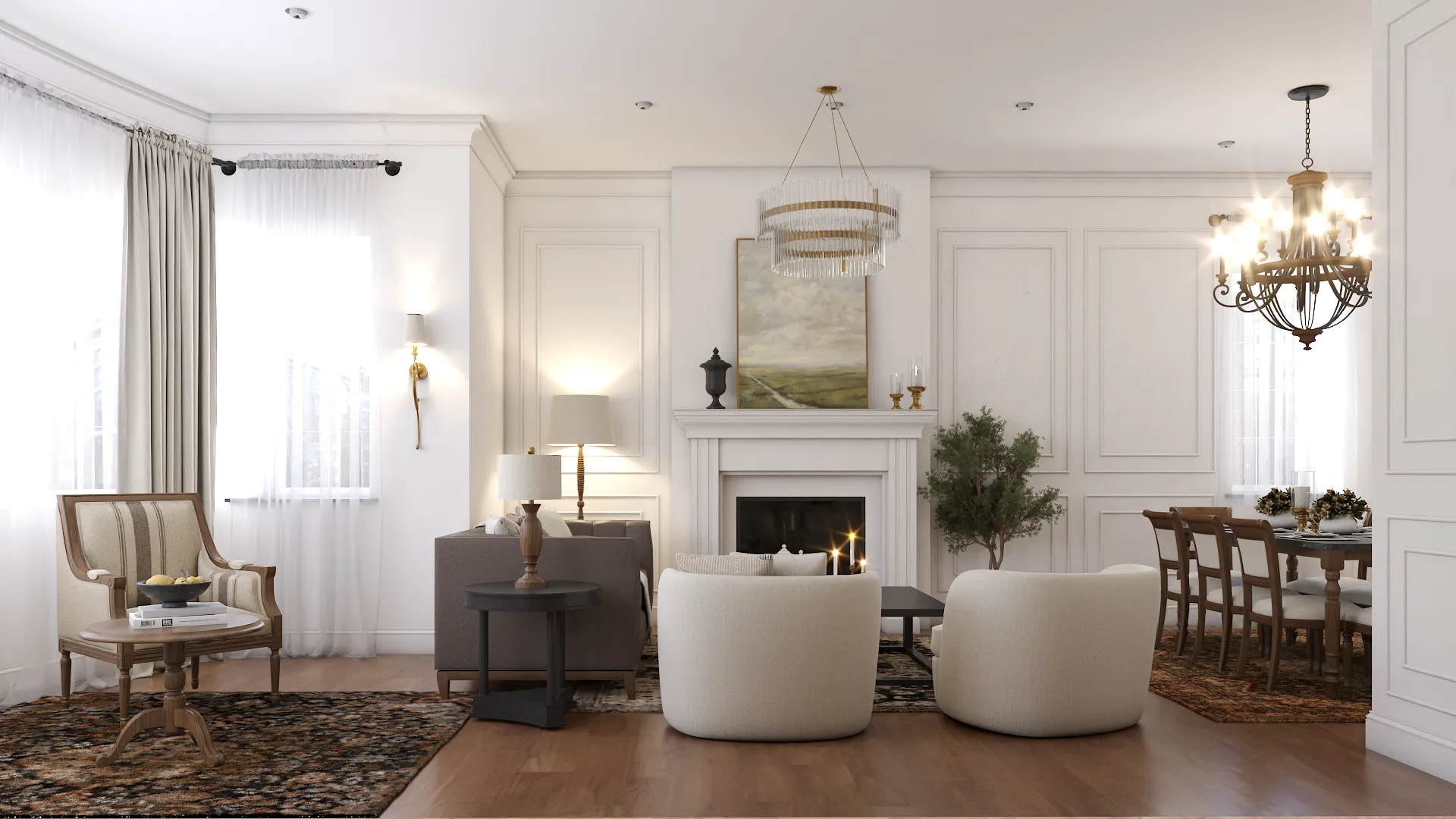 Cream swivel barrel chairs facing marble fireplace with landscape art above