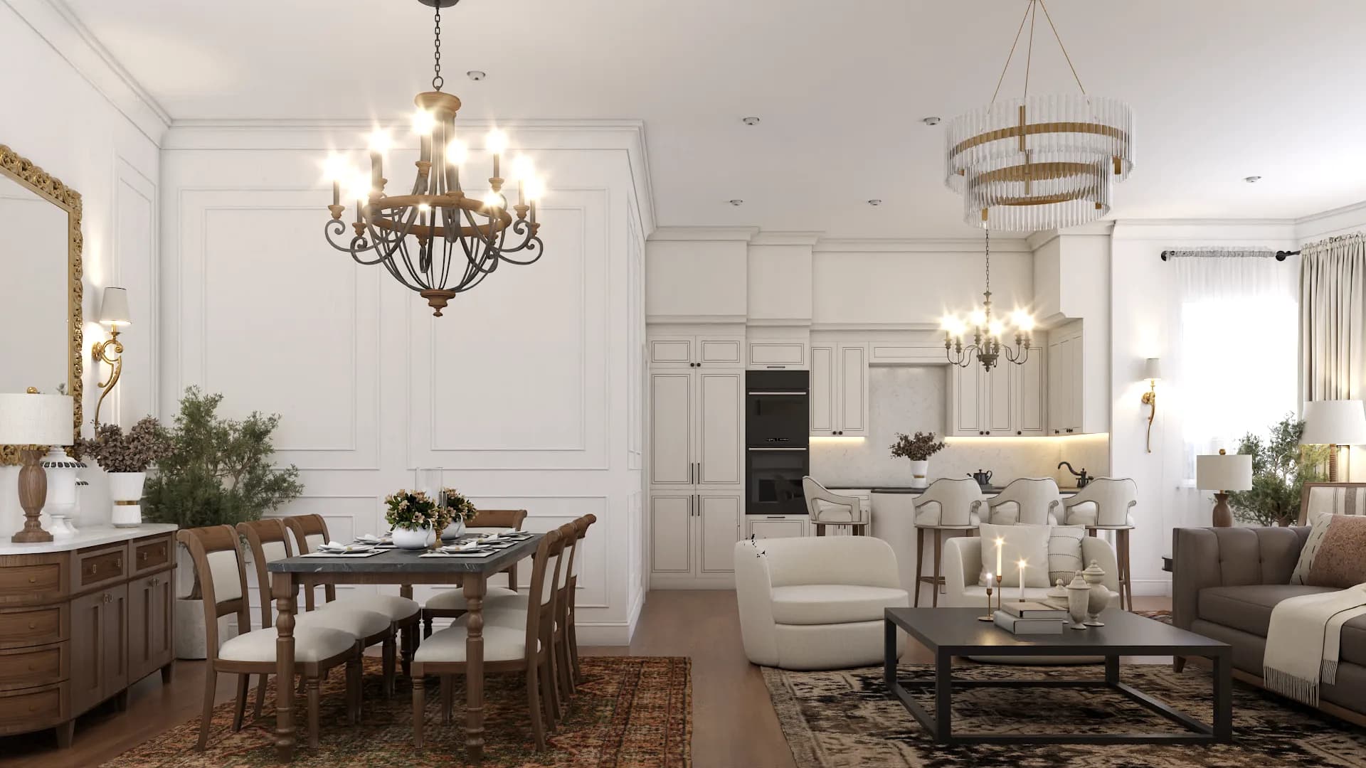 Wide open-plan view of cream living room, iron chandelier dining zone, and white kitchen beyond