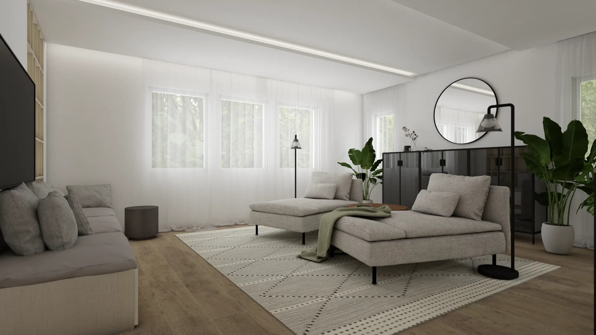 Loft chaise with green throw, geometric rug, black railing, gallery wall, and industrial pendant lamp