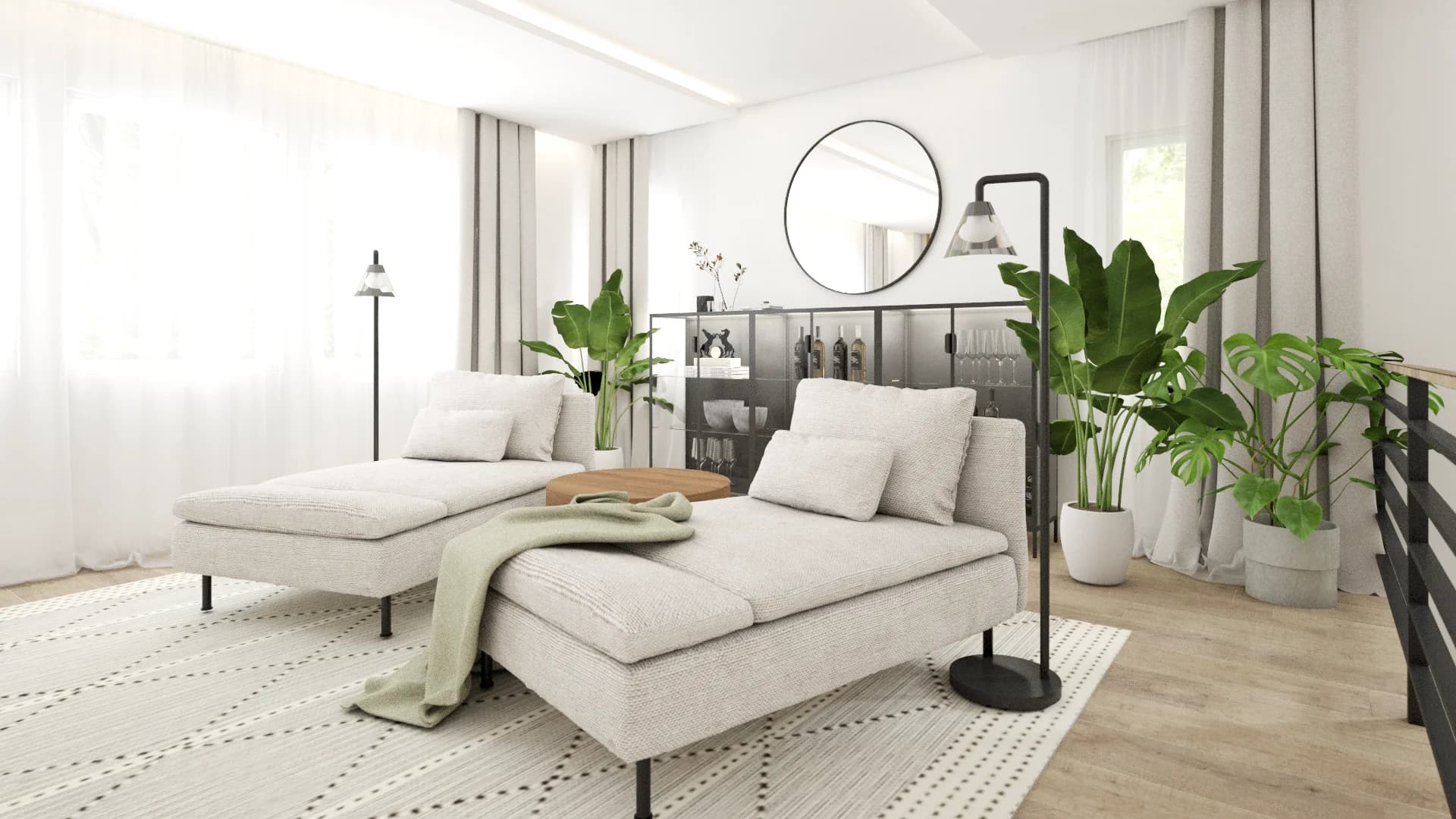Loft chaise lounges with green throw, round black mirror, dark glass display cabinet, and indoor plants