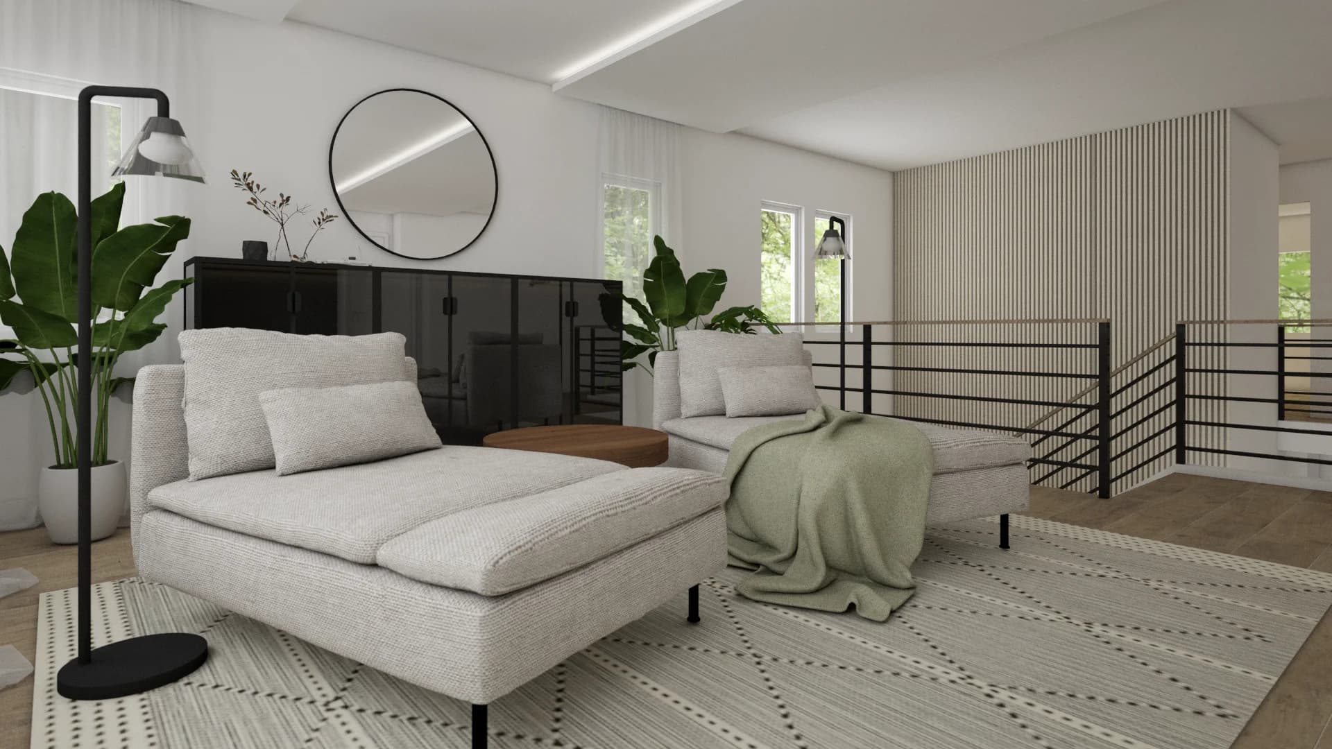 Loft chaise lounges with round mirror, dark wine cabinet, wood slat wall, and black metal railing