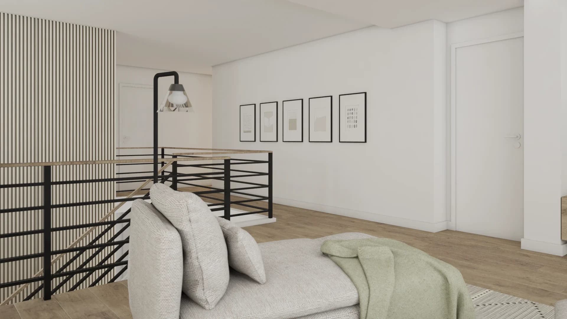 Loft stairway with black horizontal railing, four-frame gallery wall, wood slat accent, and industrial lamp