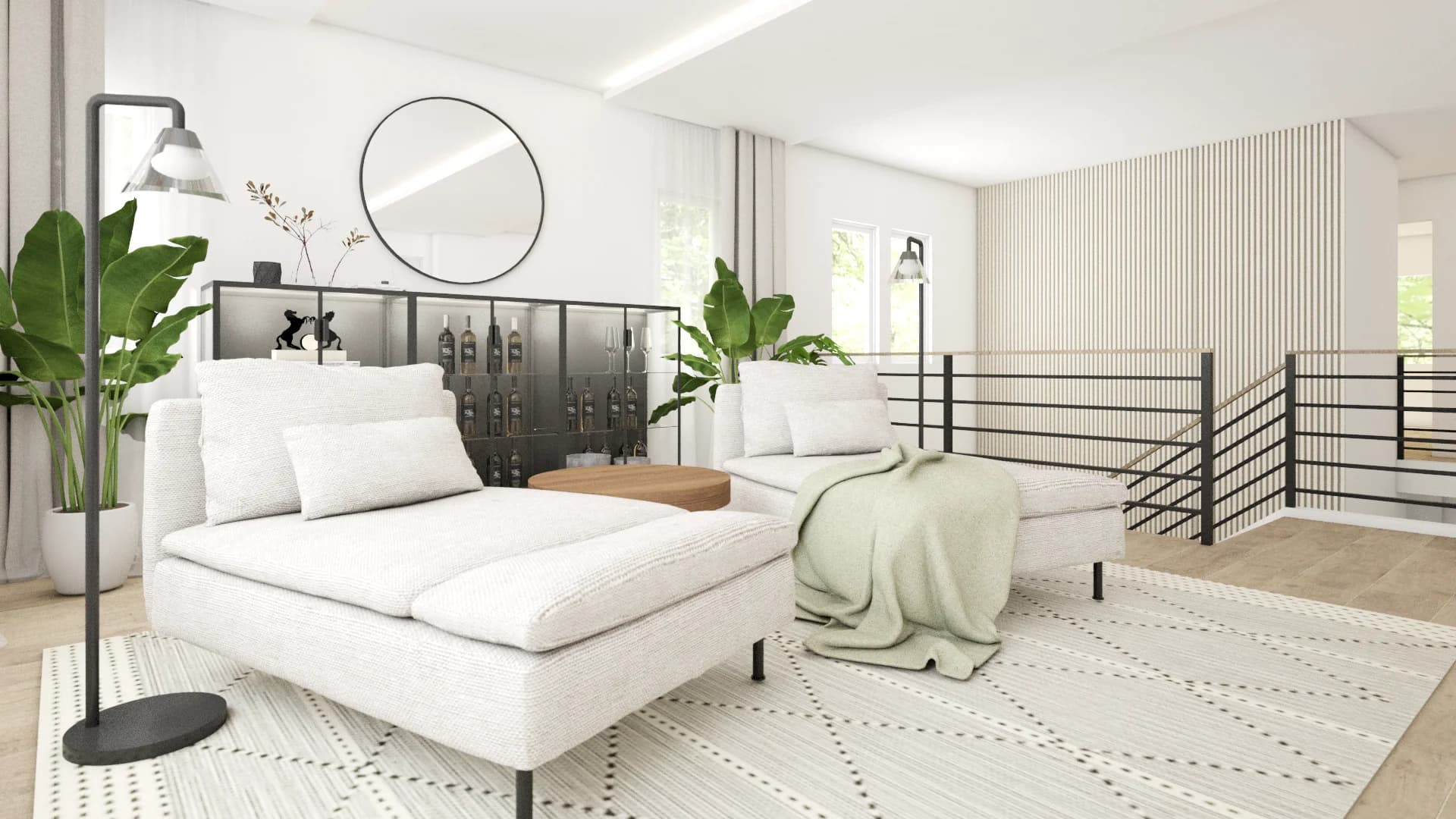 Loft wide angle with white chaise lounges, dark wine cabinet, wood slat wall, round mirror, and tropical plants
