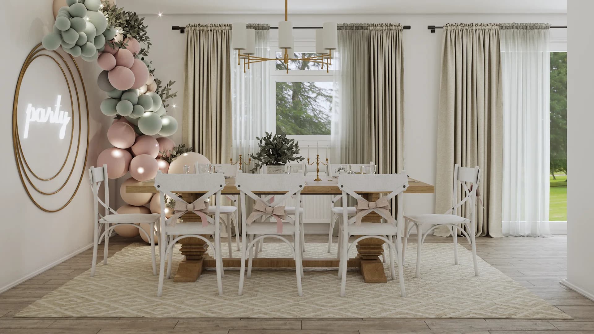 Long farmhouse dining table with X-back chairs, brass globe pendant, and patterned rug