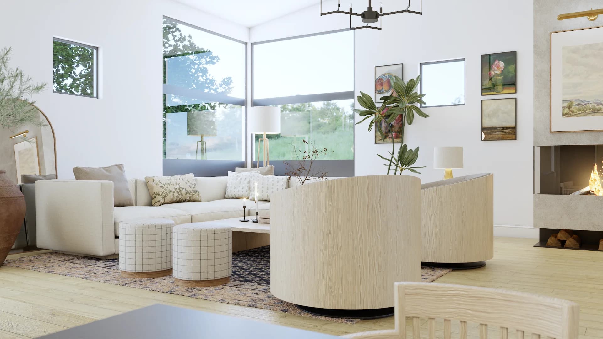 White curved barrel chairs and grid-pattern ottomans in bright living room with corner windows