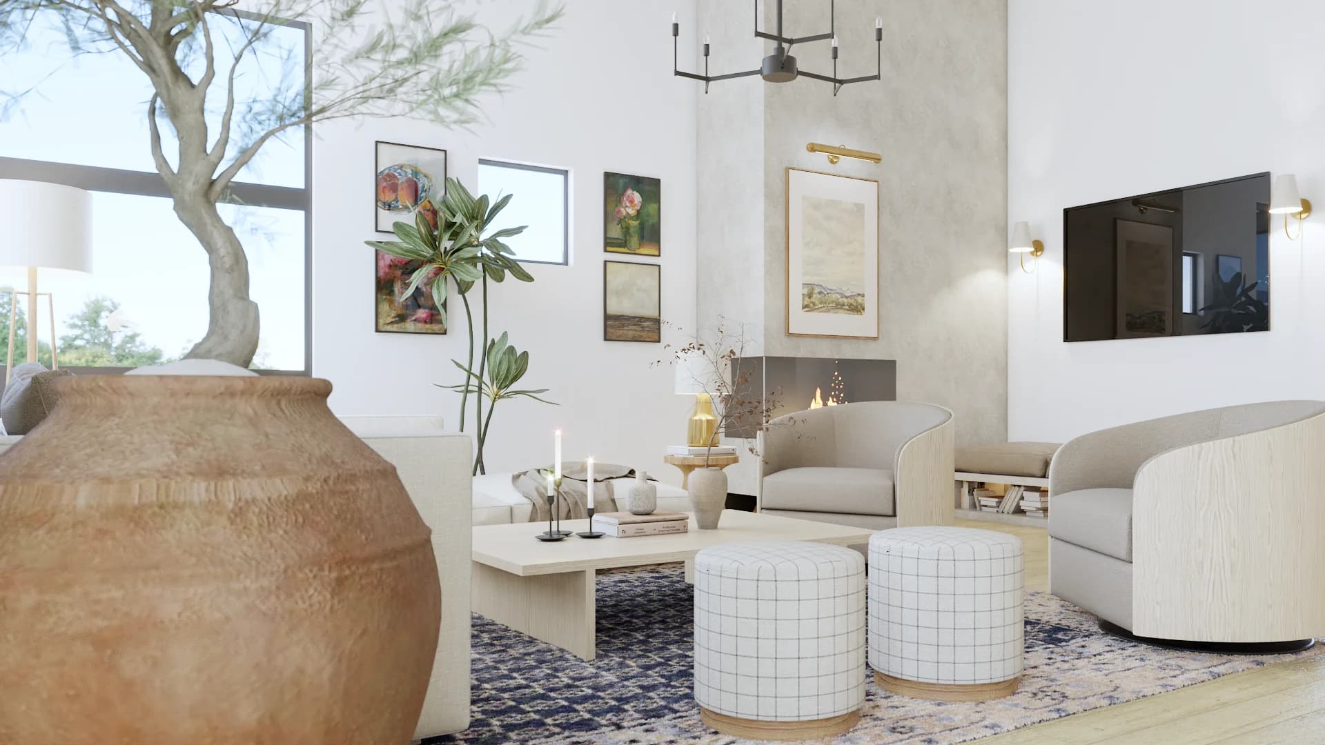 Bright living room with terracotta urn, grid ottomans, fireplace, and gallery wall