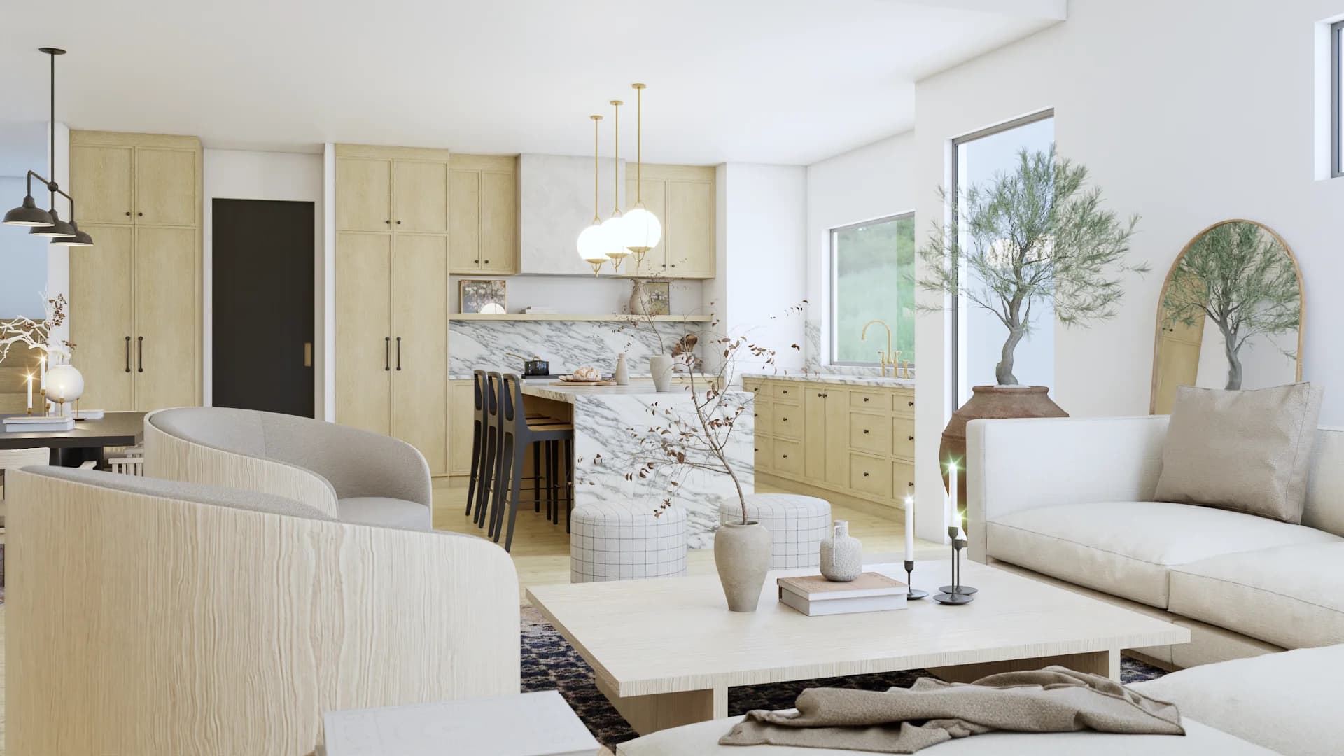 Open-plan living room with white linen sofa, wood coffee table, and marble kitchen island