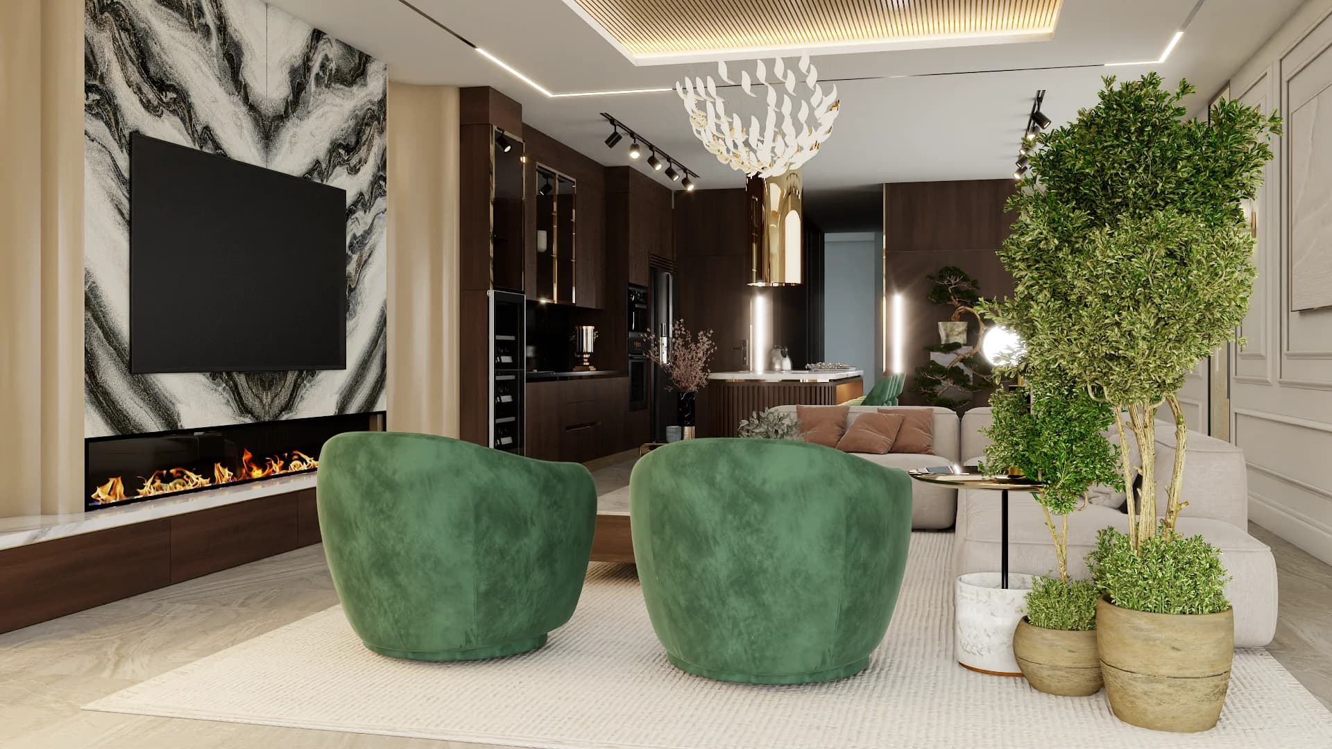 Green velvet swivel chairs facing bookmatched marble fireplace wall with coffered ceiling and indoor tree