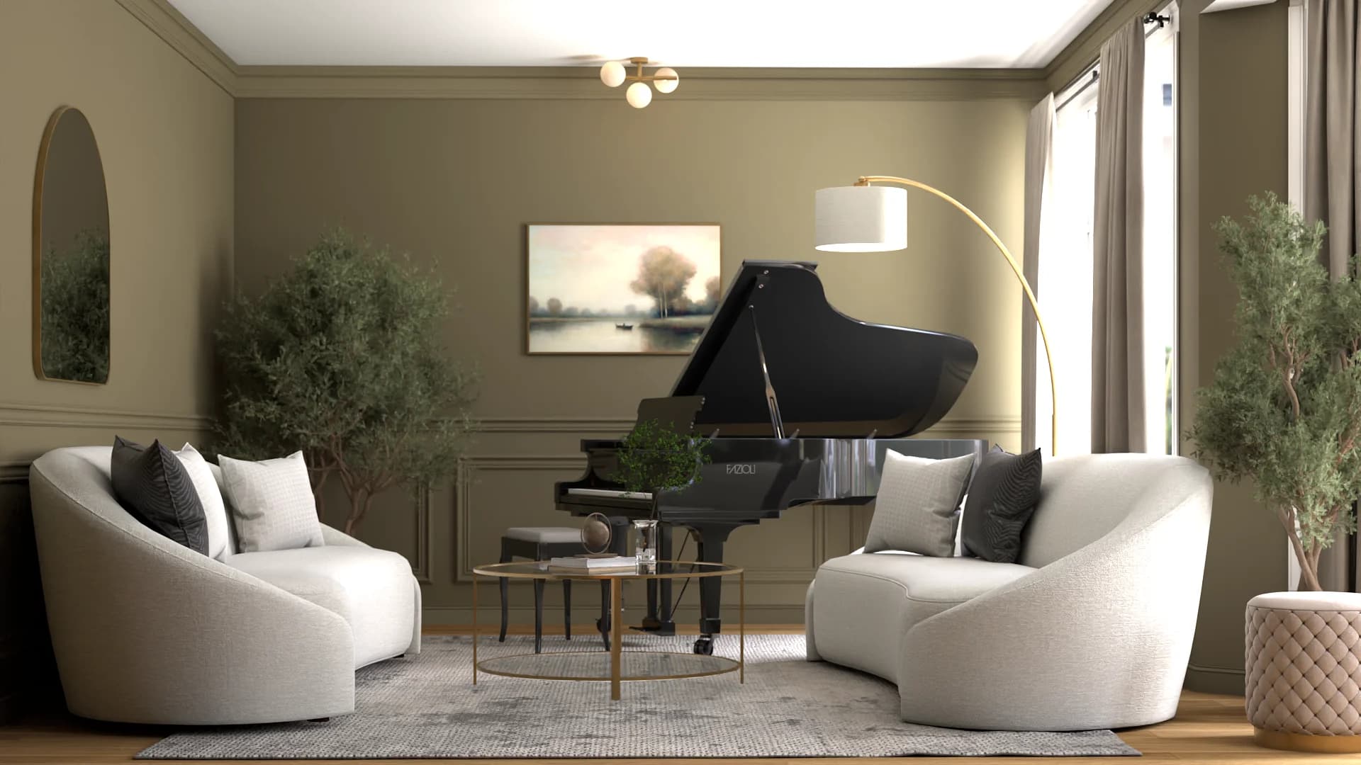 Two curved boucle sofas face the grand piano under a brass arc lamp