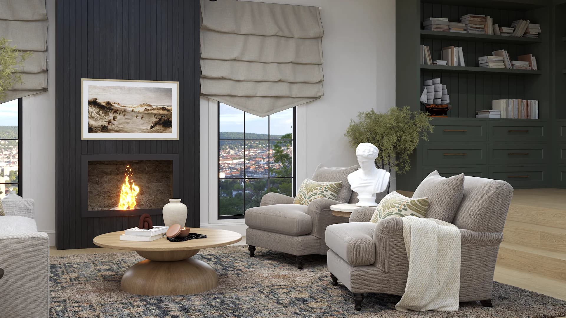 Gray boucle club chairs with classical bust and olive-green built-in bookcase in a living room.
