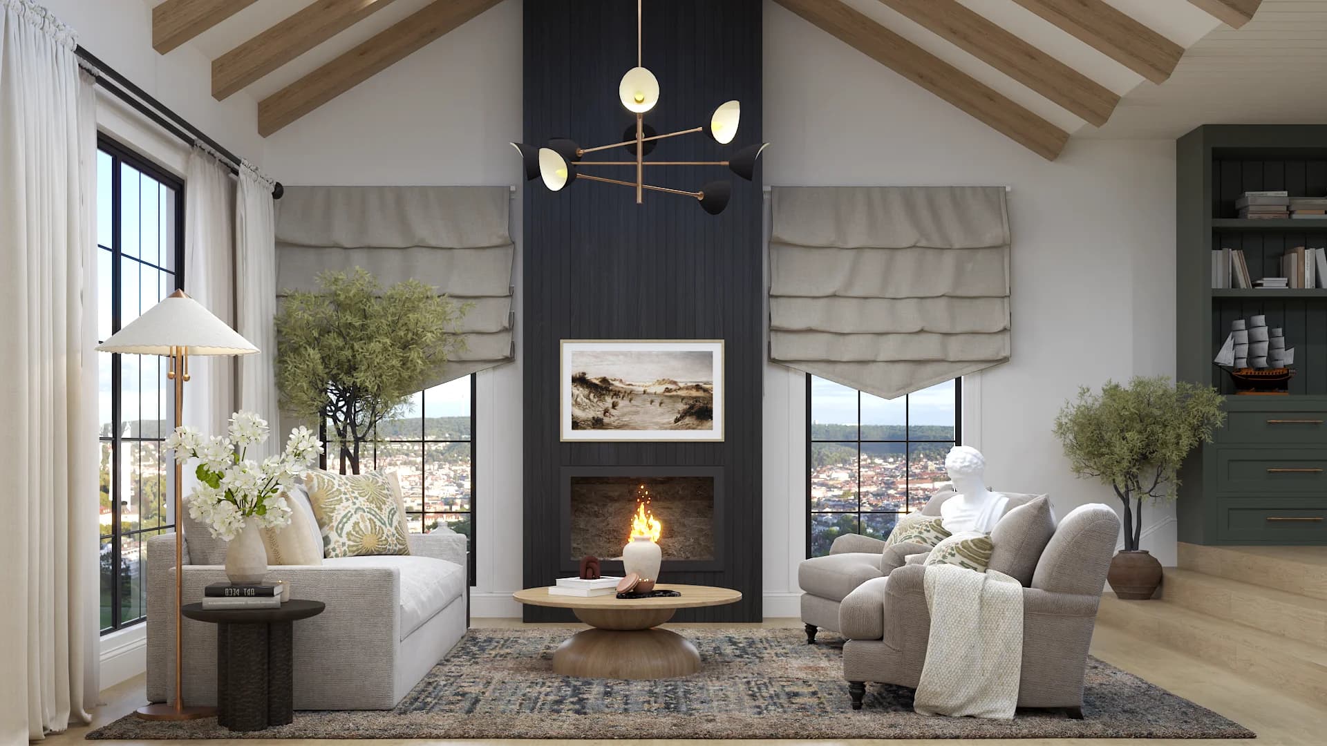 Organic modern living room with navy shiplap fireplace, vaulted wood beams, cream sofa, and olive built-ins.