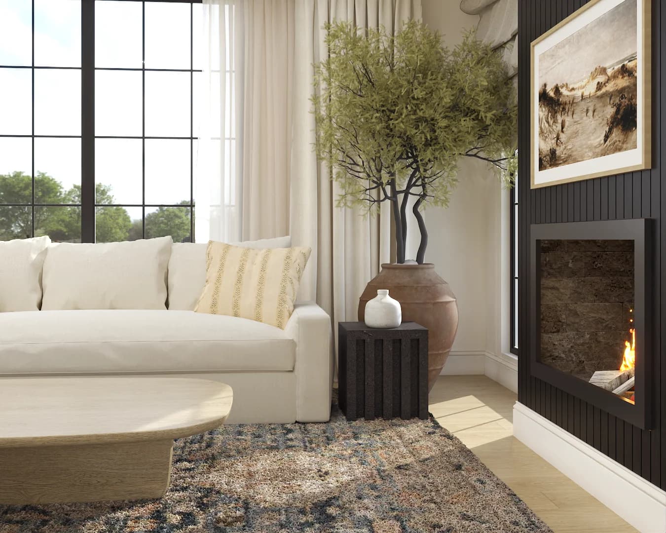 Cream sofa under vaulted beams next to navy shiplap fireplace with olive tree in terracotta pot.