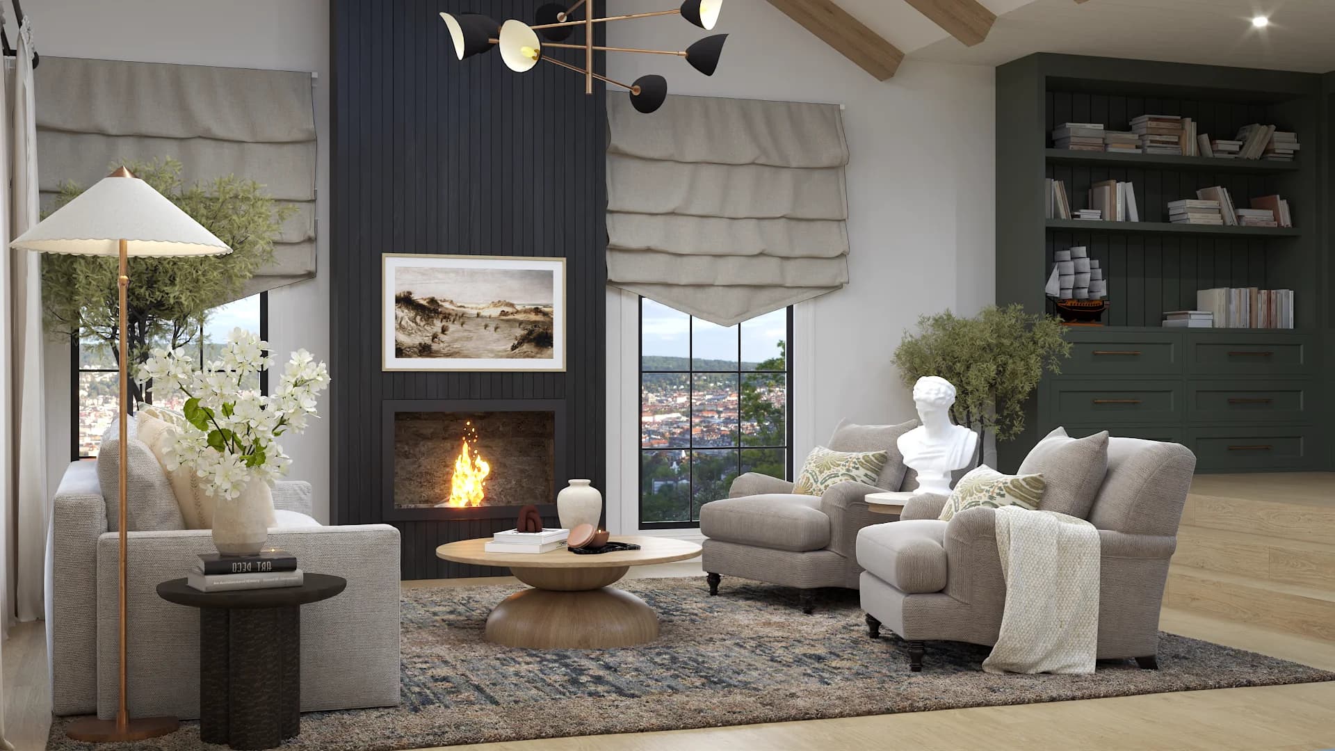 Organic modern living room with navy fireplace, cream sofa, gray club chairs, and vintage blue rug.