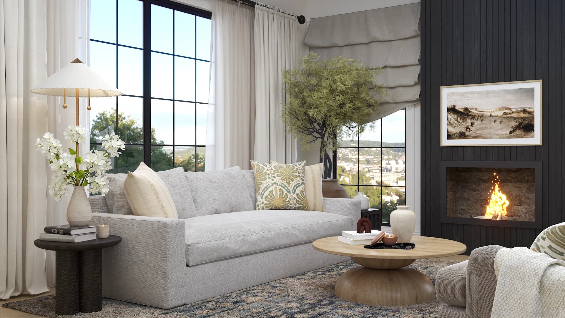 Cream sofa with potted olive tree beside a navy shiplap fireplace and steel-frame windows.
