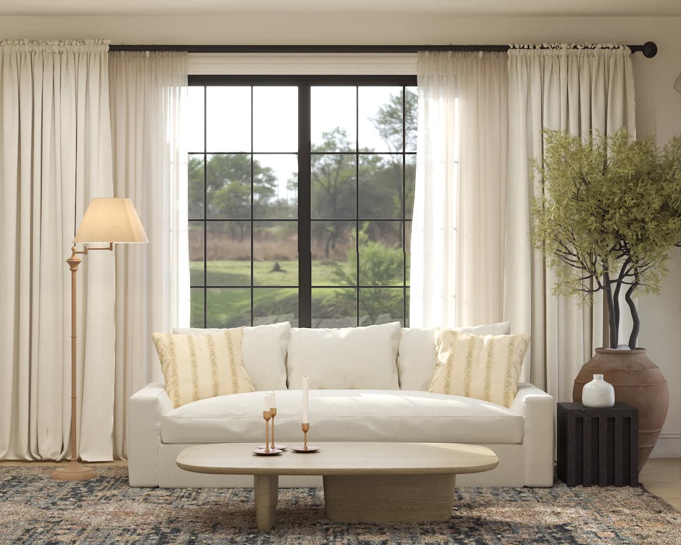 Cream sofa centered under arched floor lamp beside a large grid window and olive tree.
