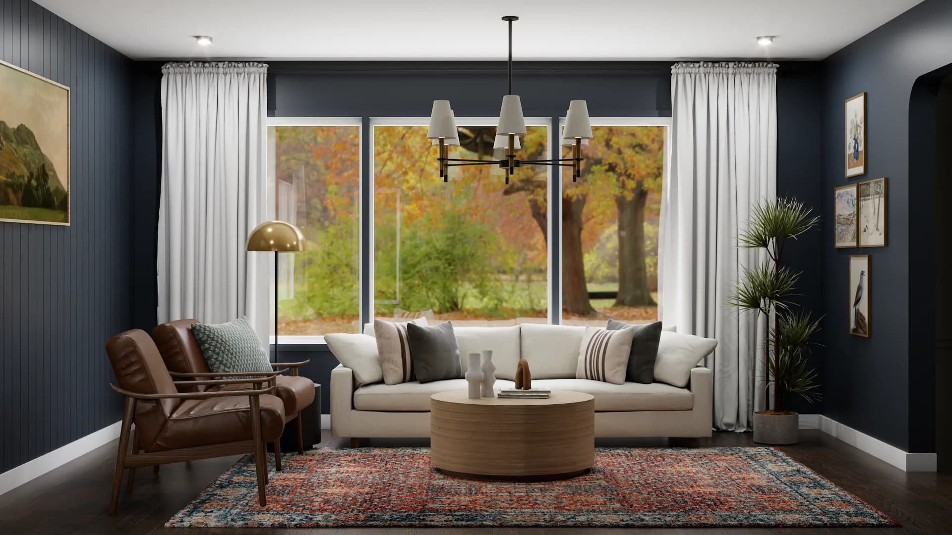 Navy blue shiplap living room with cream curved sofa, brown leather armchair, Persian rug, and floor-to-ceiling fall-view windows