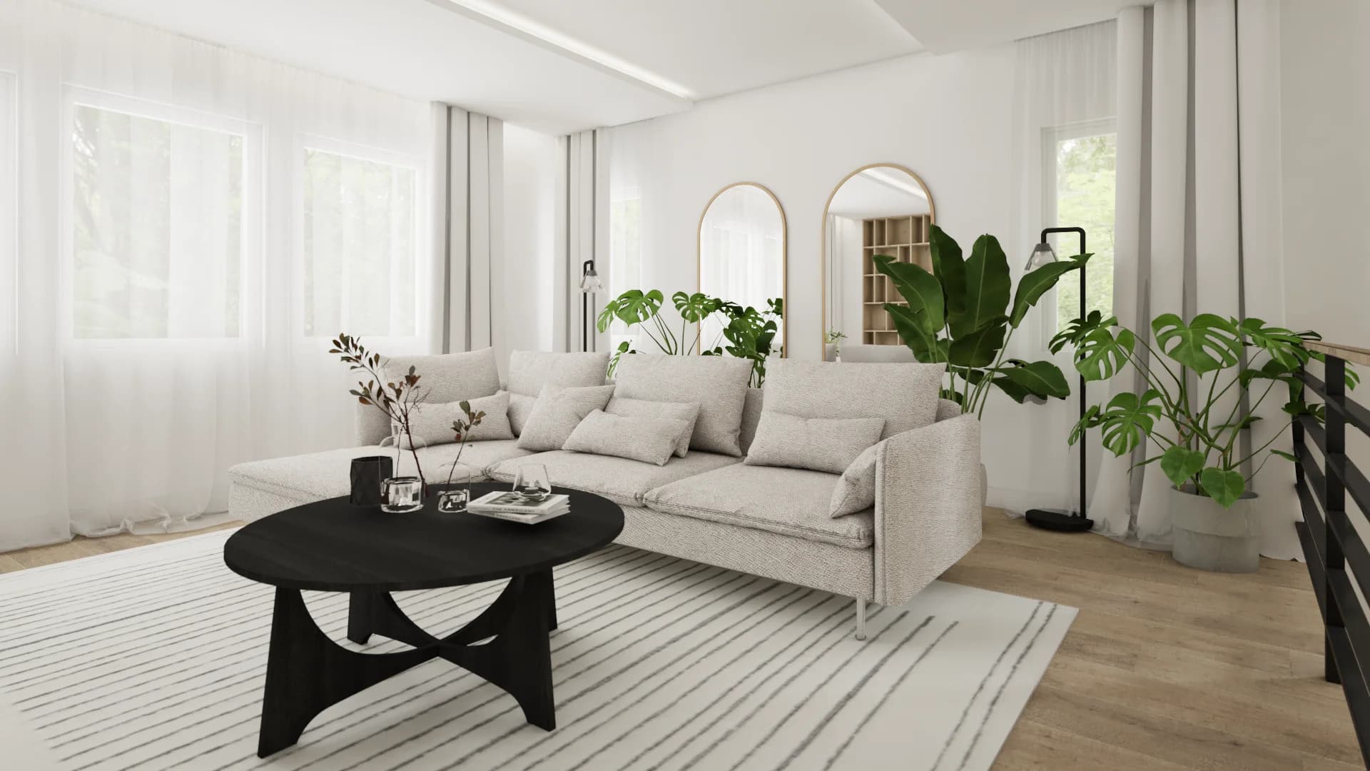Neutral sofa with twin arch mirrors, monstera plants, black round coffee table, and striped rug