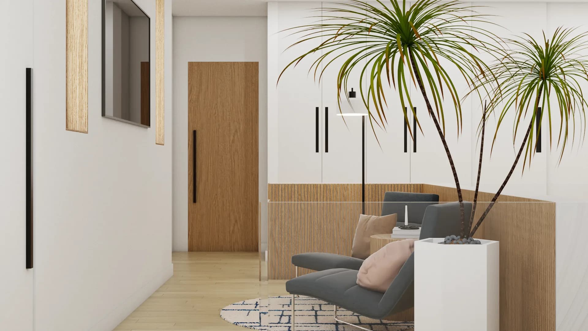 Corridor entry perspective with oak door, slat paneling, and palm framing the seated area