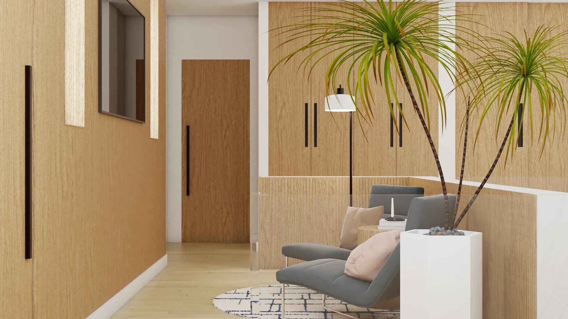 Side corridor view of oak panel wall, door, TV niche, and seating nook beyond palm