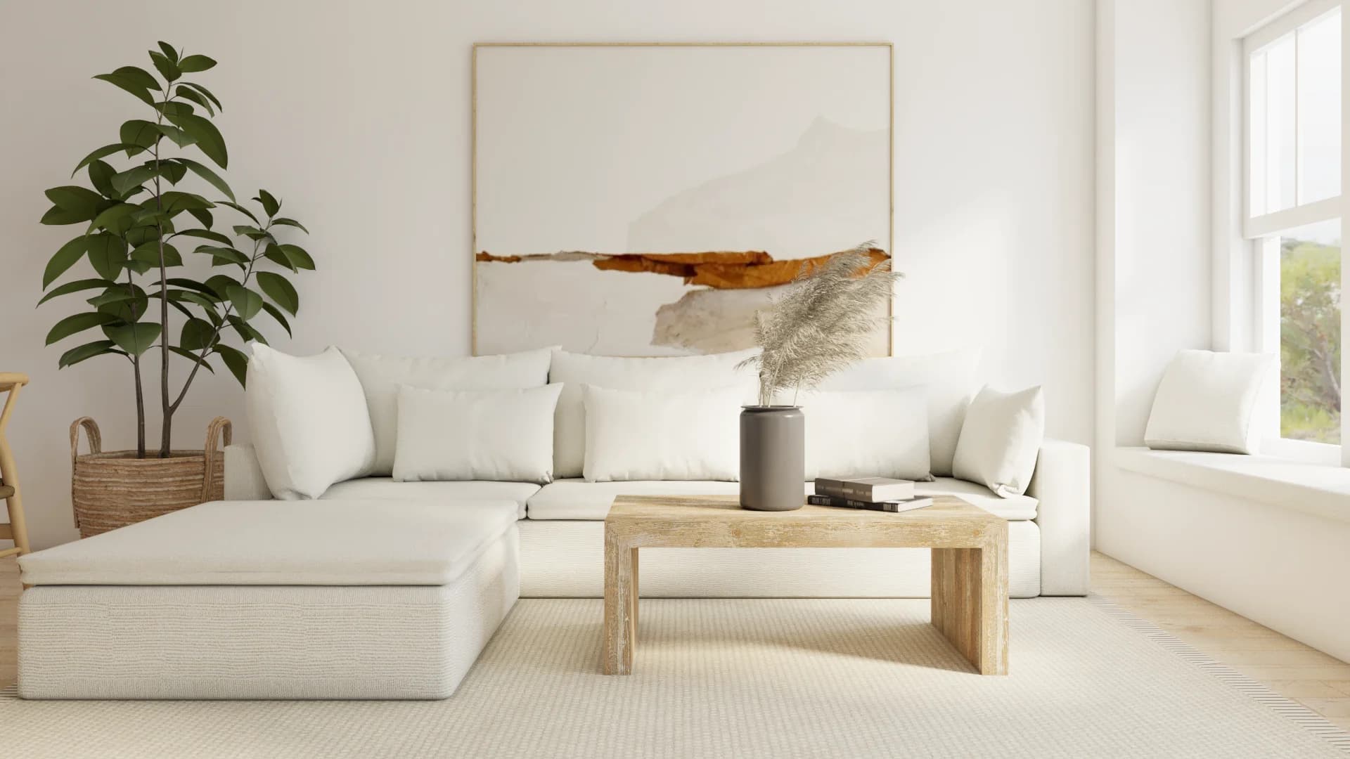 White sectional sofa centered under large abstract art, oak coffee table with dark vase, window seat right