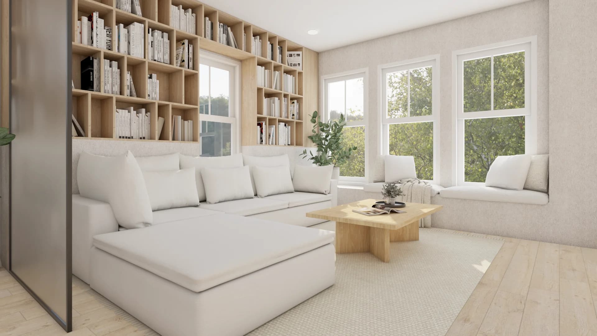 Floor-to-ceiling oak bookshelf behind white sectional sofa with travertine coffee table and window bench