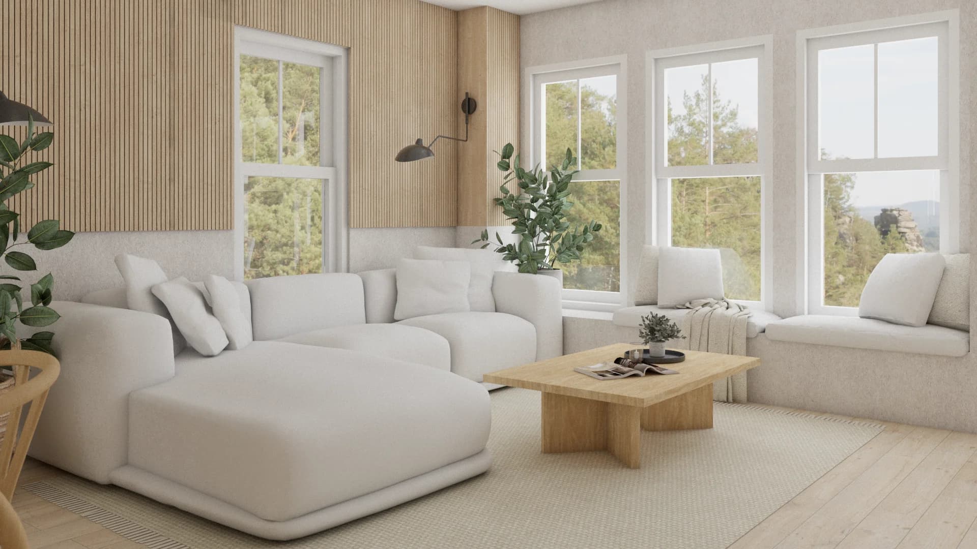 White sectional sofa in front of vertical oak slat wall with wall sconce, window bench, and outdoor view