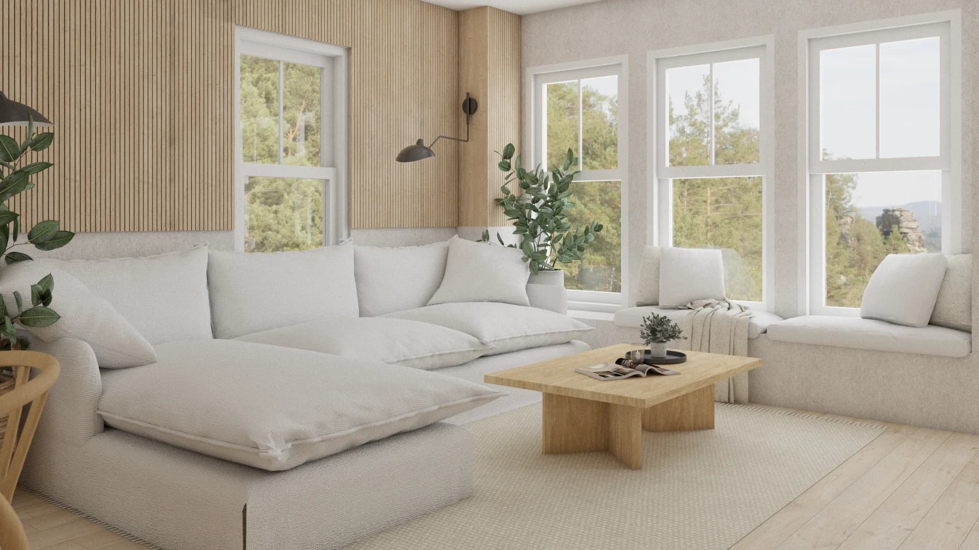 White sectional with vertical oak slat wall, sconce lamp, oak coffee table, and window bench seating