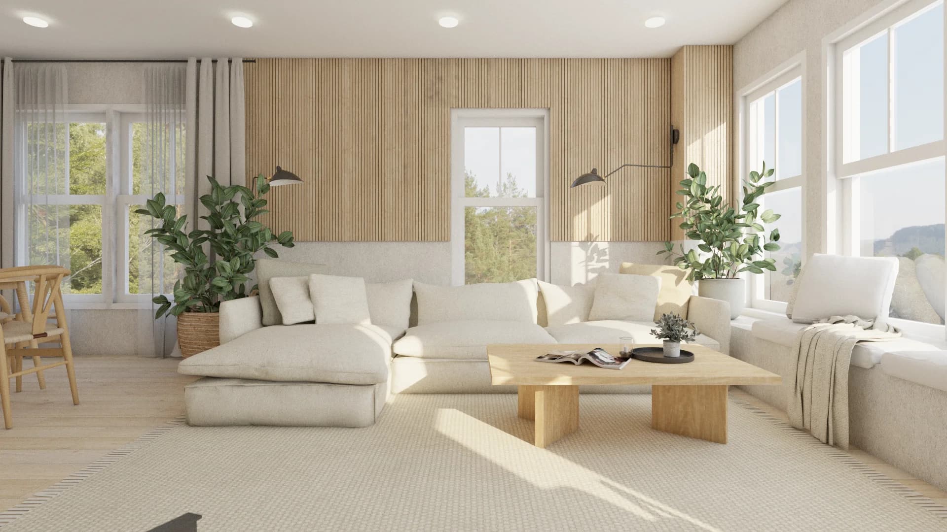 White sectional and oak coffee table against full-height vertical oak slat wall with tall windows and plants