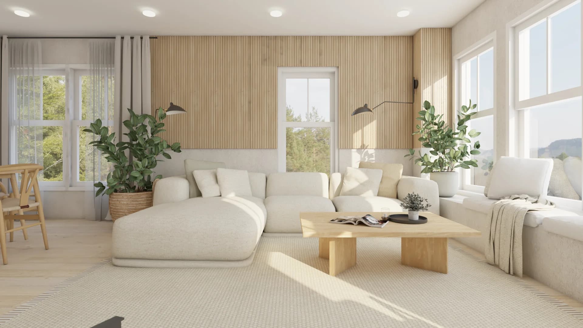 Wide view of white sectional against vertical oak slat accent wall, flanking windows, and fiddle leaf plants
