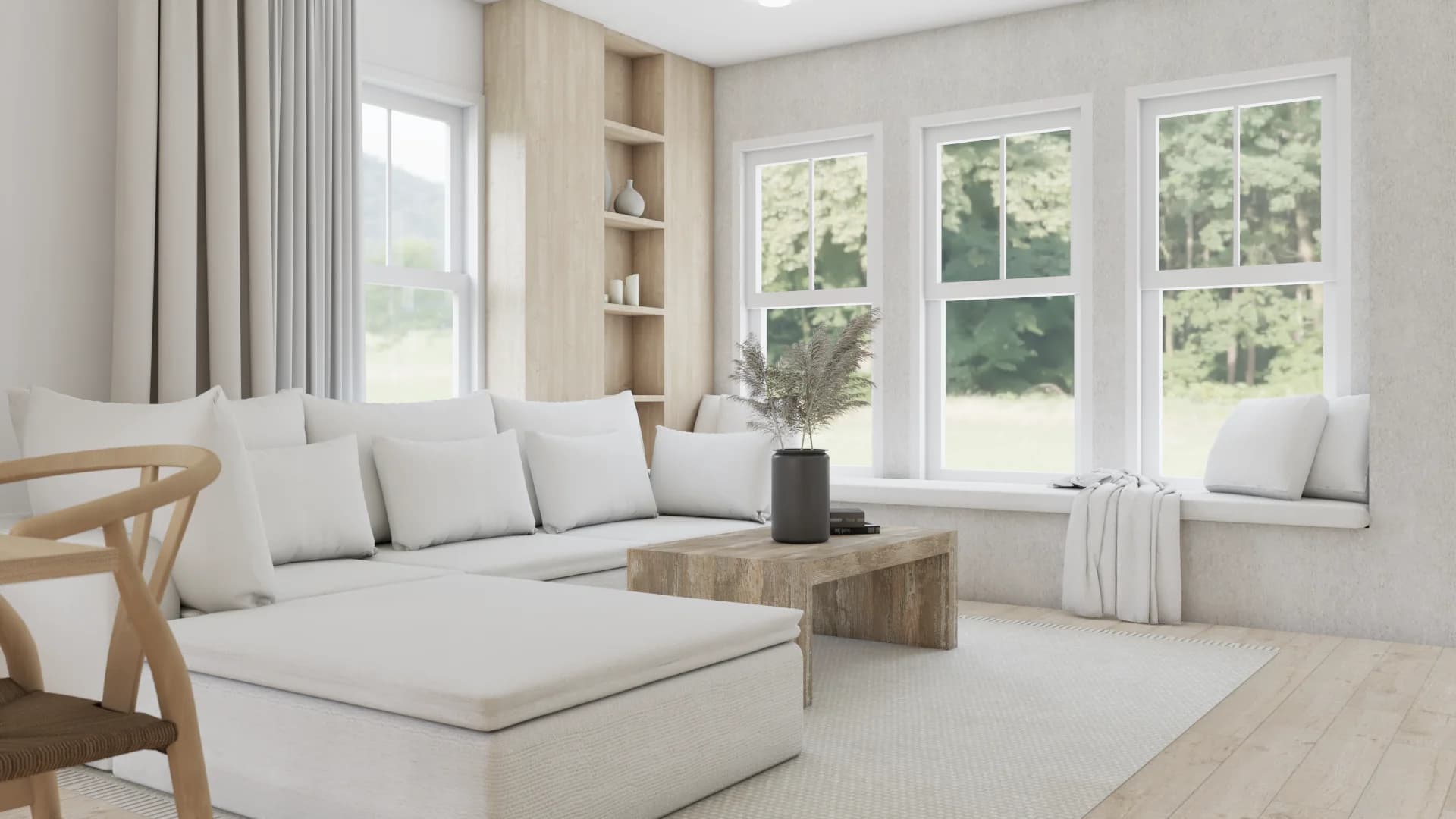 White sofa with oak coffee table, built-in oak shelves, window bench, and three windows with tree views