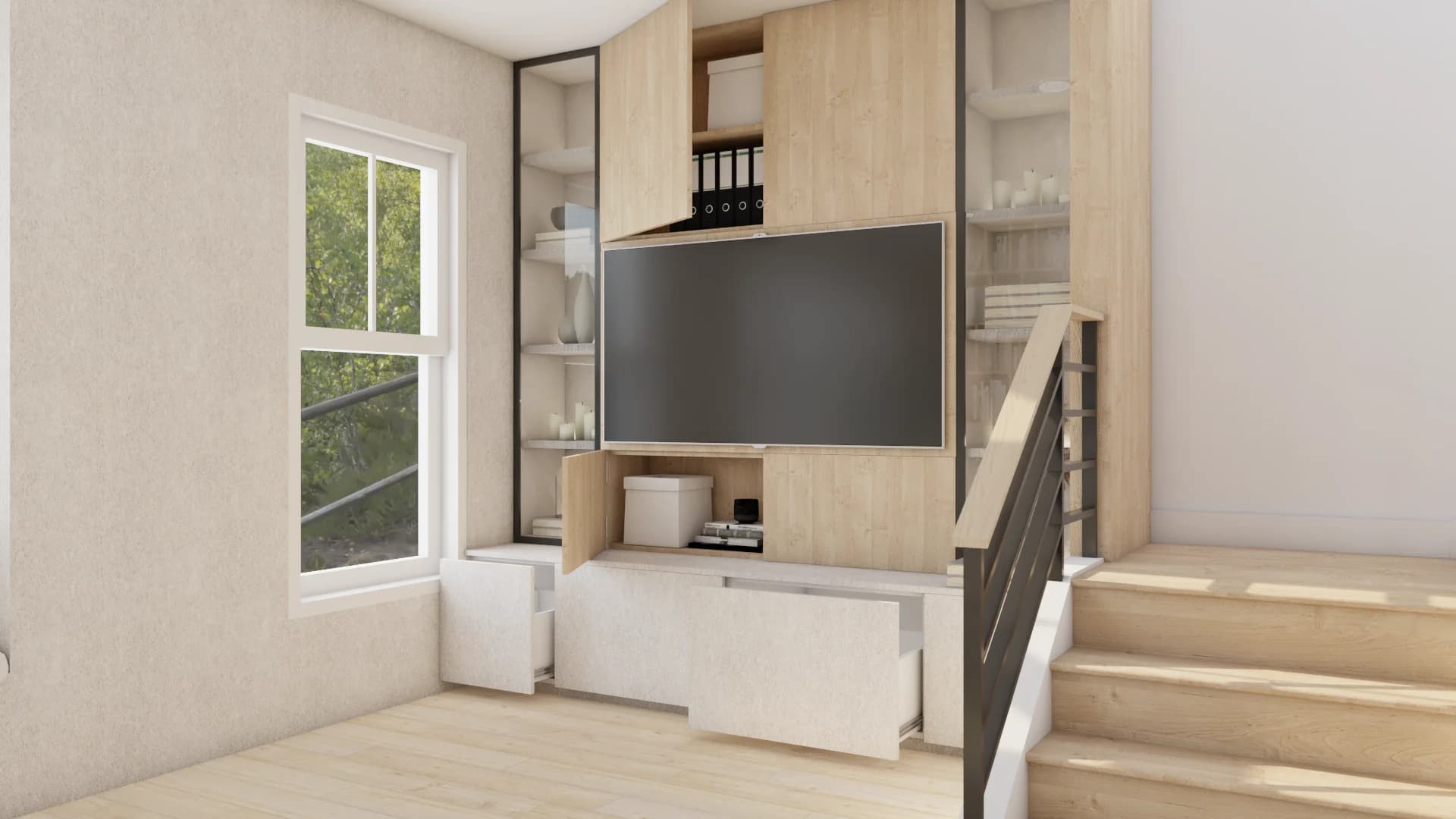 Oak built-in TV wall with open shelving, white drawers, and staircase railing beside a window