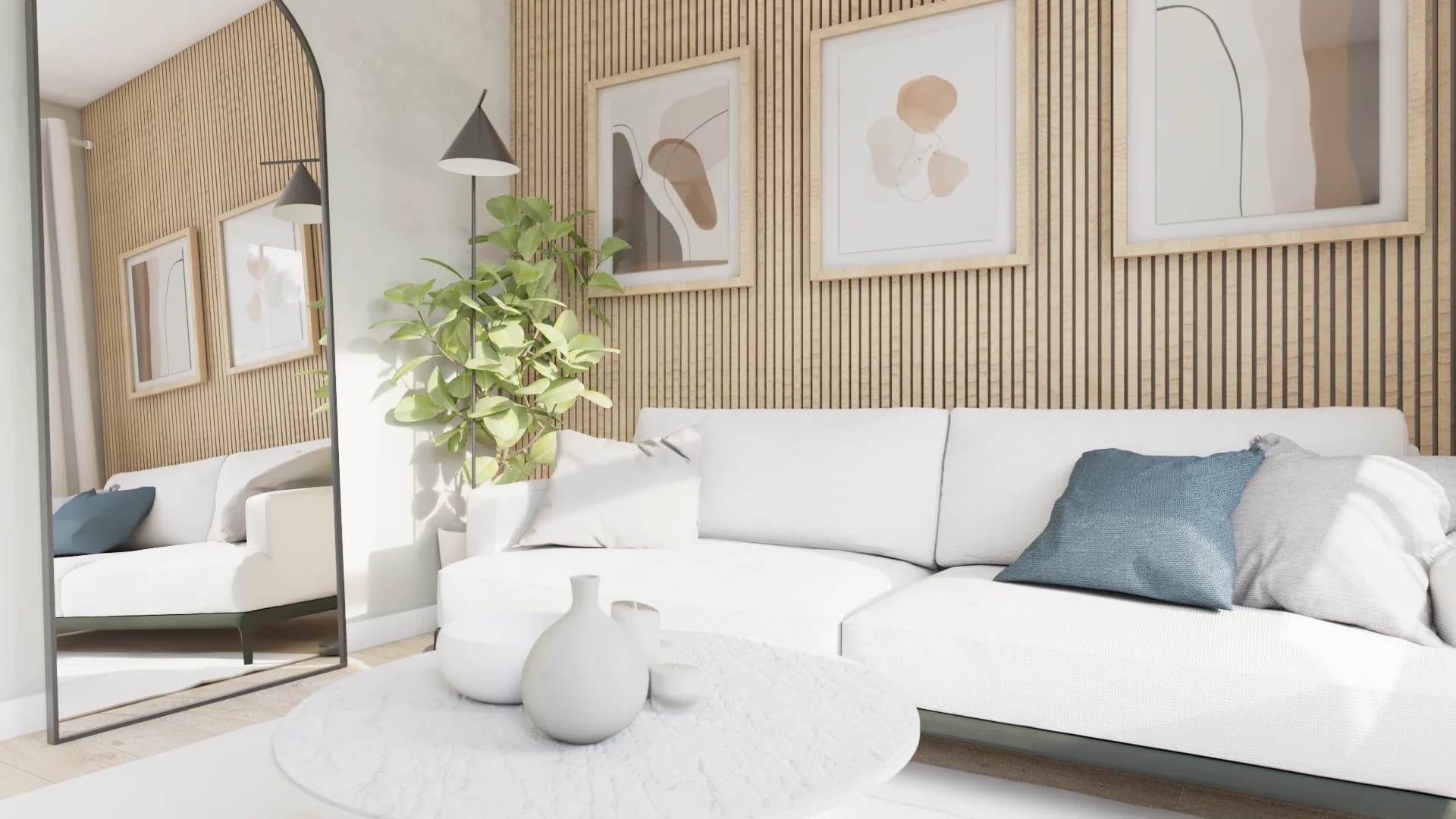Arched floor mirror beside white sofa, oak slat wall with framed art, round coffee table with ceramic vases