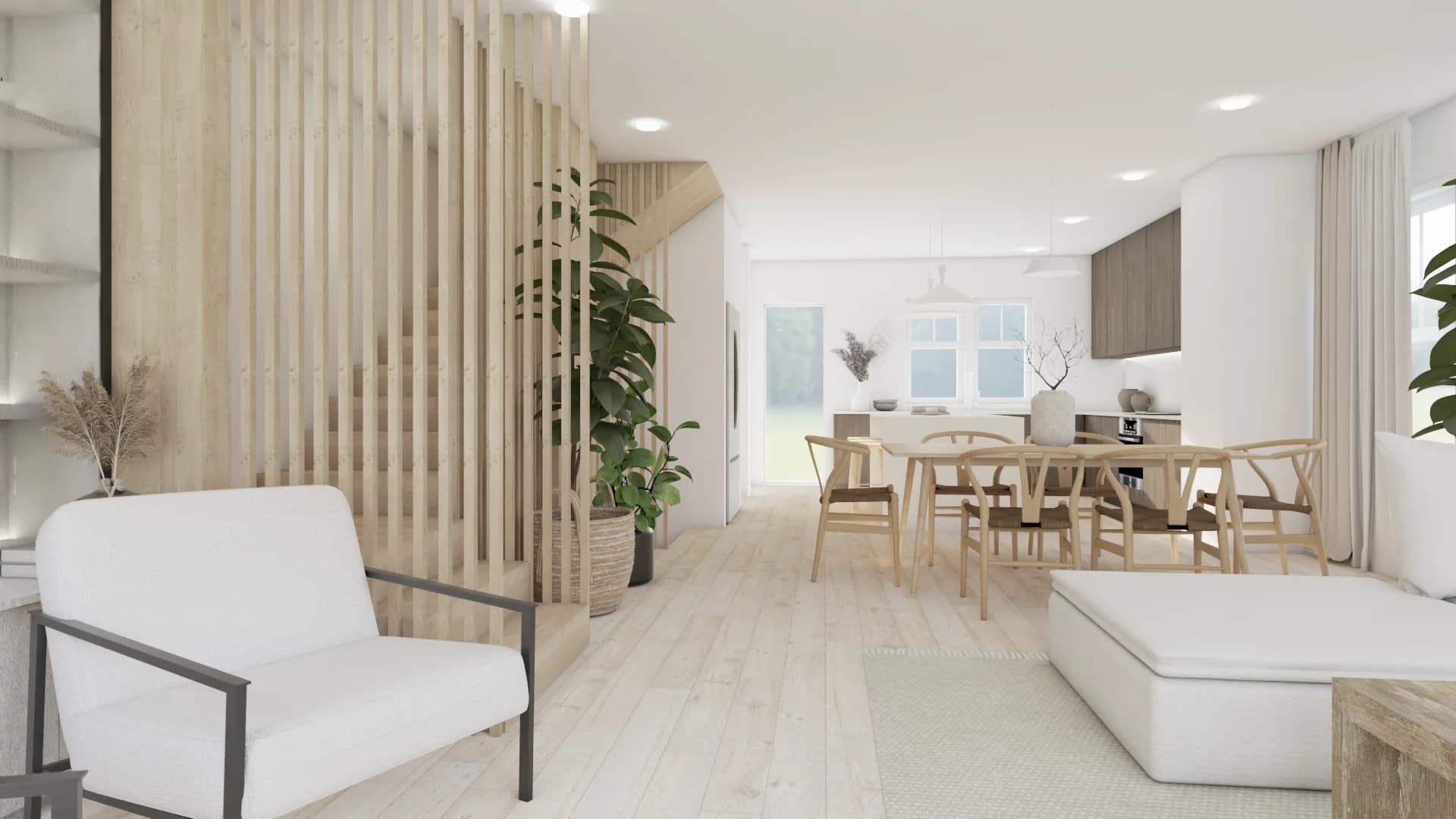Vertical oak slat room divider separating living area from dining room with wishbone chairs and kitchen