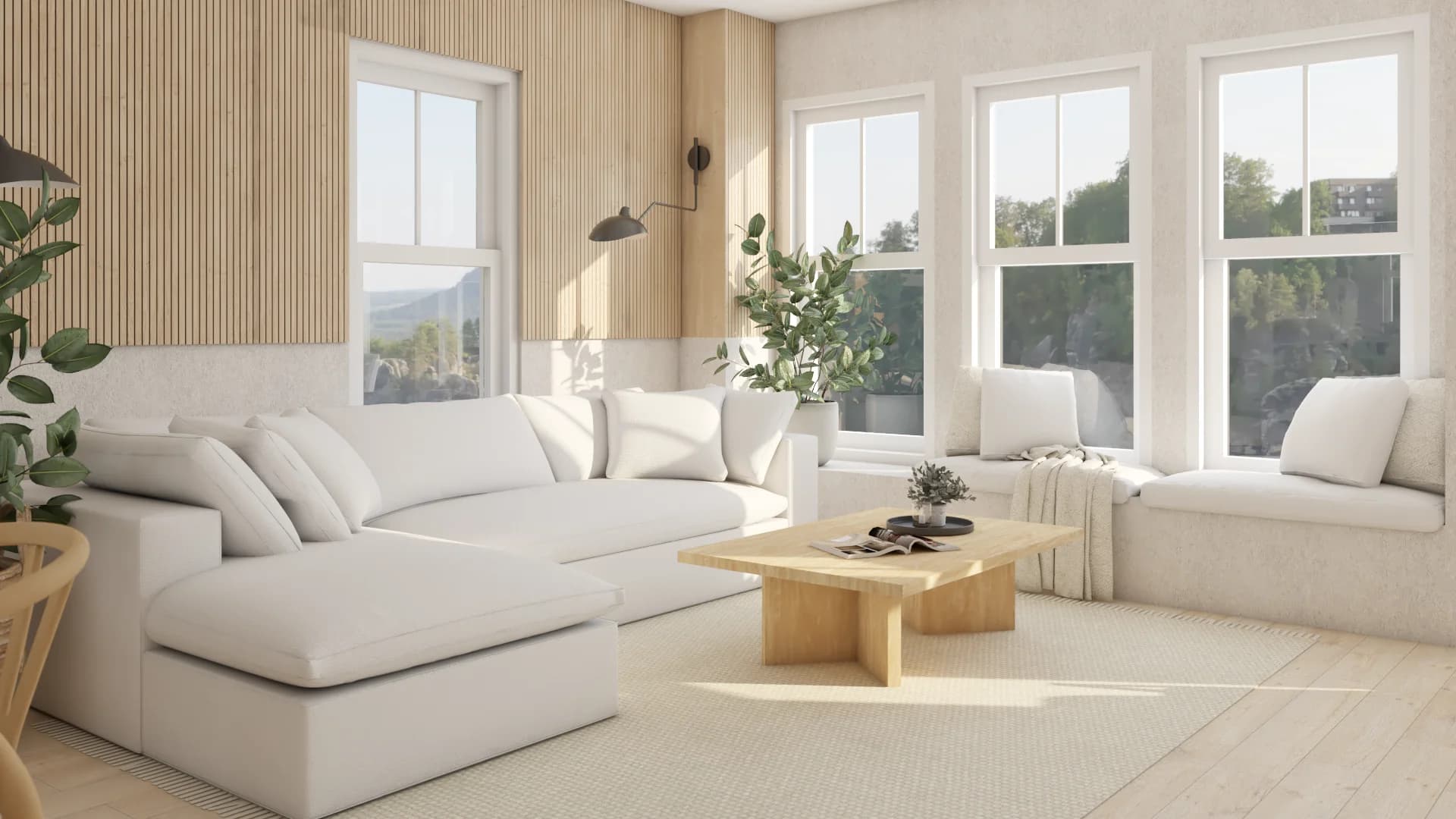 White sectional with oak coffee table, vertical oak slat wall, wall sconce, and wide window bench seating